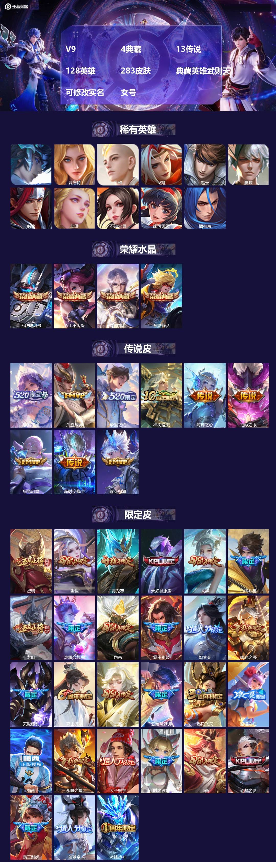 王者荣耀账号安卓QQ128英雄-283皮肤-[]V9 4典藏 13传说 128英雄 283皮肤 典藏英雄武则天 可修改实