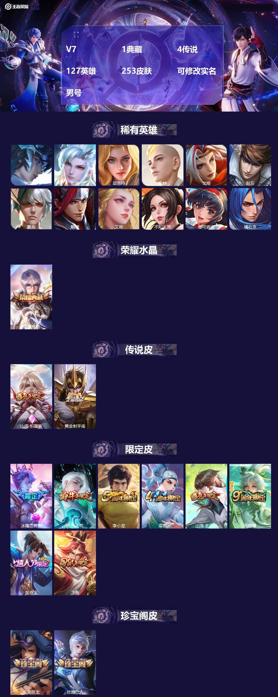 王者荣耀账号安卓QQ[17033556]V7 1典藏 4传说 127英雄 253皮肤 可修改实名 男号 
【英雄全皮】敖