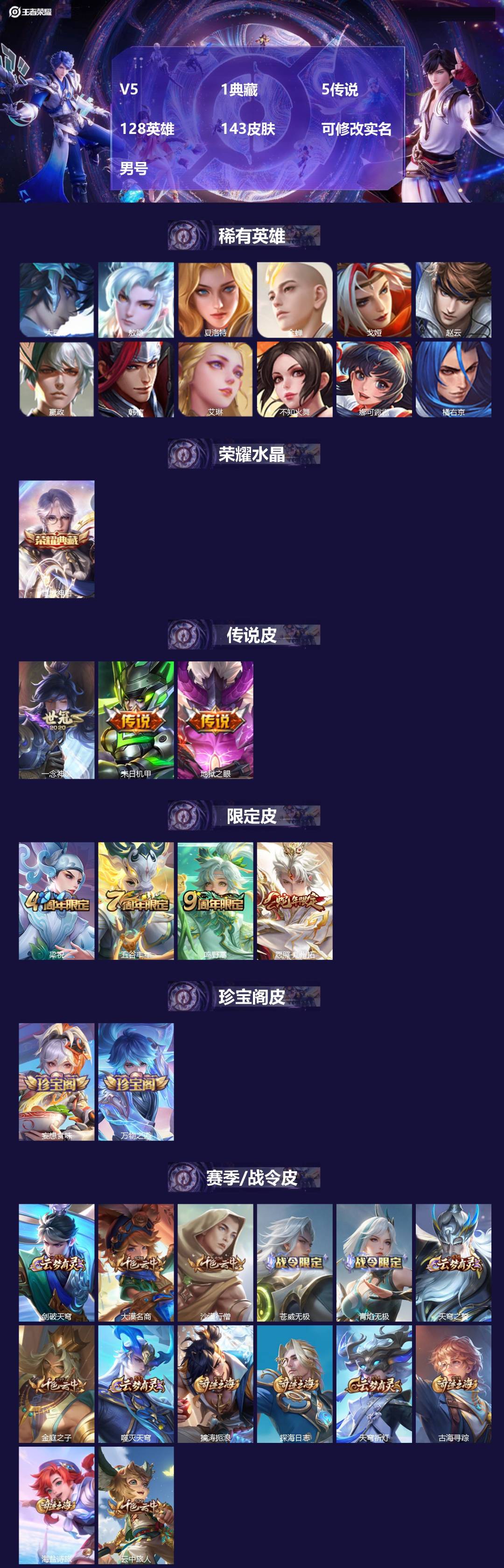 王者荣耀账号安卓QQ[17033581]V5 1典藏 5传说 128英雄 143皮肤 可修改实名 男号 
【英雄全皮】敖