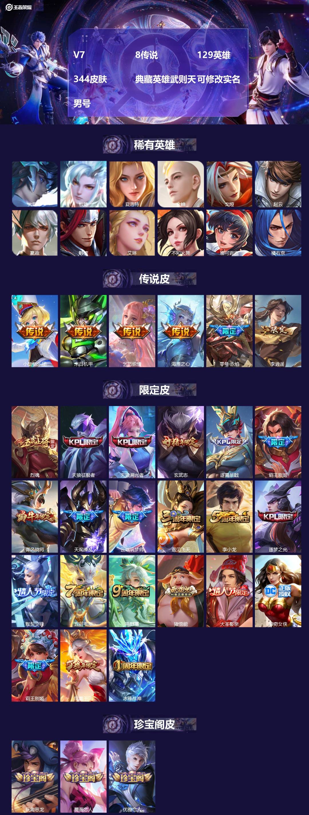 王者荣耀账号安卓QQ[17033914]V7 8传说 129英雄 344皮肤 典藏英雄武则天 可修改实名 男号 
【英雄