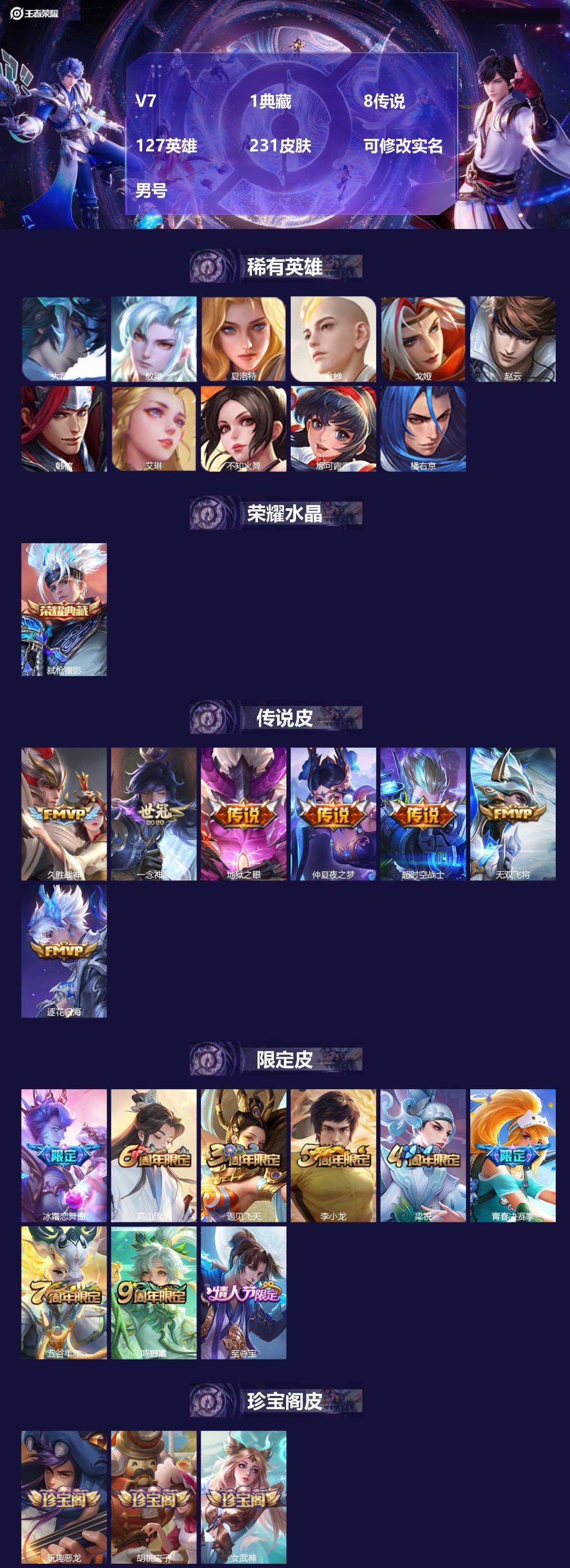 王者荣耀账号苹果QQ[17034138]V7 1典藏 8传说 127英雄 231皮肤 可修改实名 男号 
【英雄全皮】孙