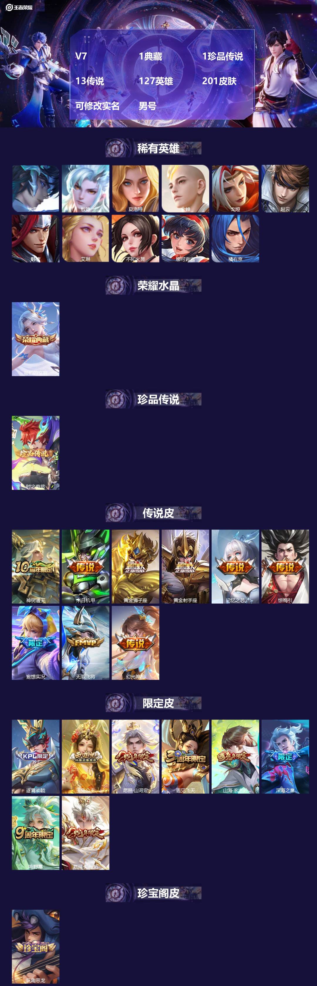 王者荣耀账号苹果VX[17041752]V7 1典藏 1珍品传说 13传说 127英雄 201皮肤 可修改实名 男号 
