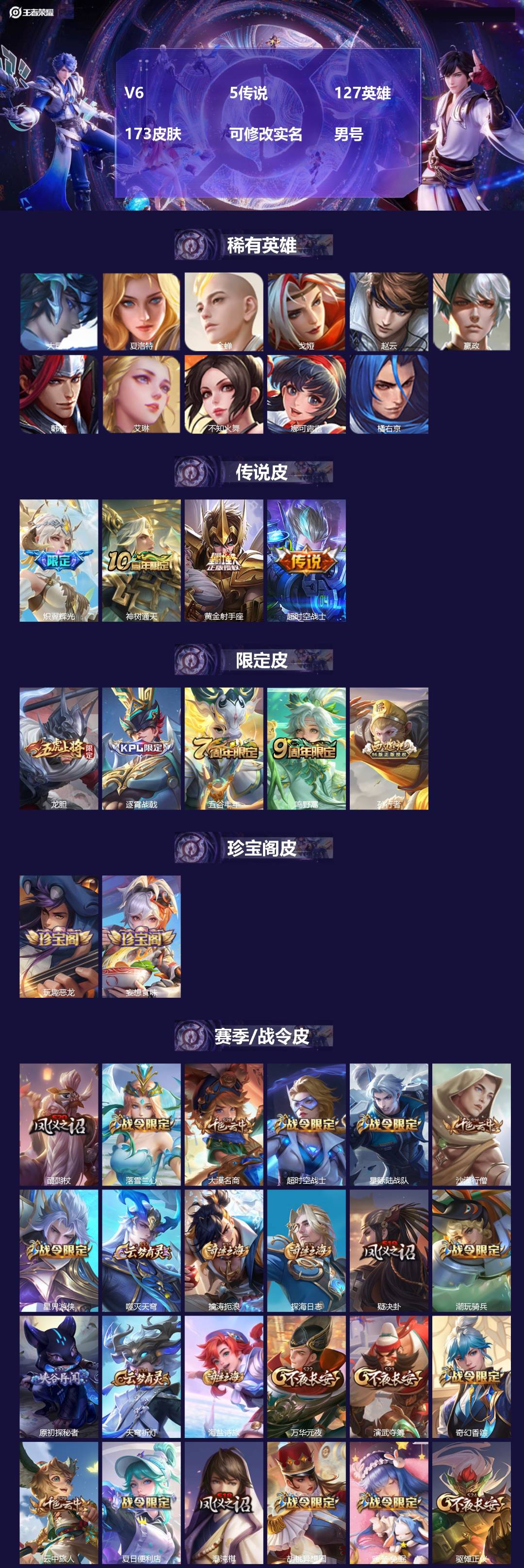 王者荣耀账号苹果QQ127英雄-173皮肤-[]V6 5传说 127英雄 173皮肤 可修改实名 男号 
【英雄全皮】空