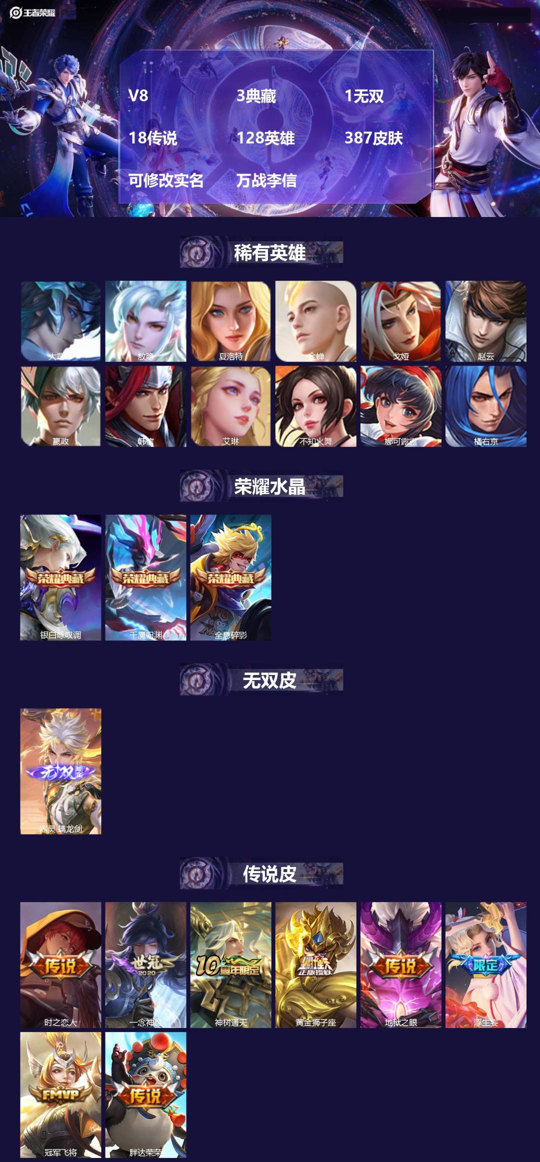 王者荣耀账号安卓QQ128英雄-387皮肤-[]V8 3典藏 1无双 18传说 128英雄 387皮肤 可修改实名 万战
