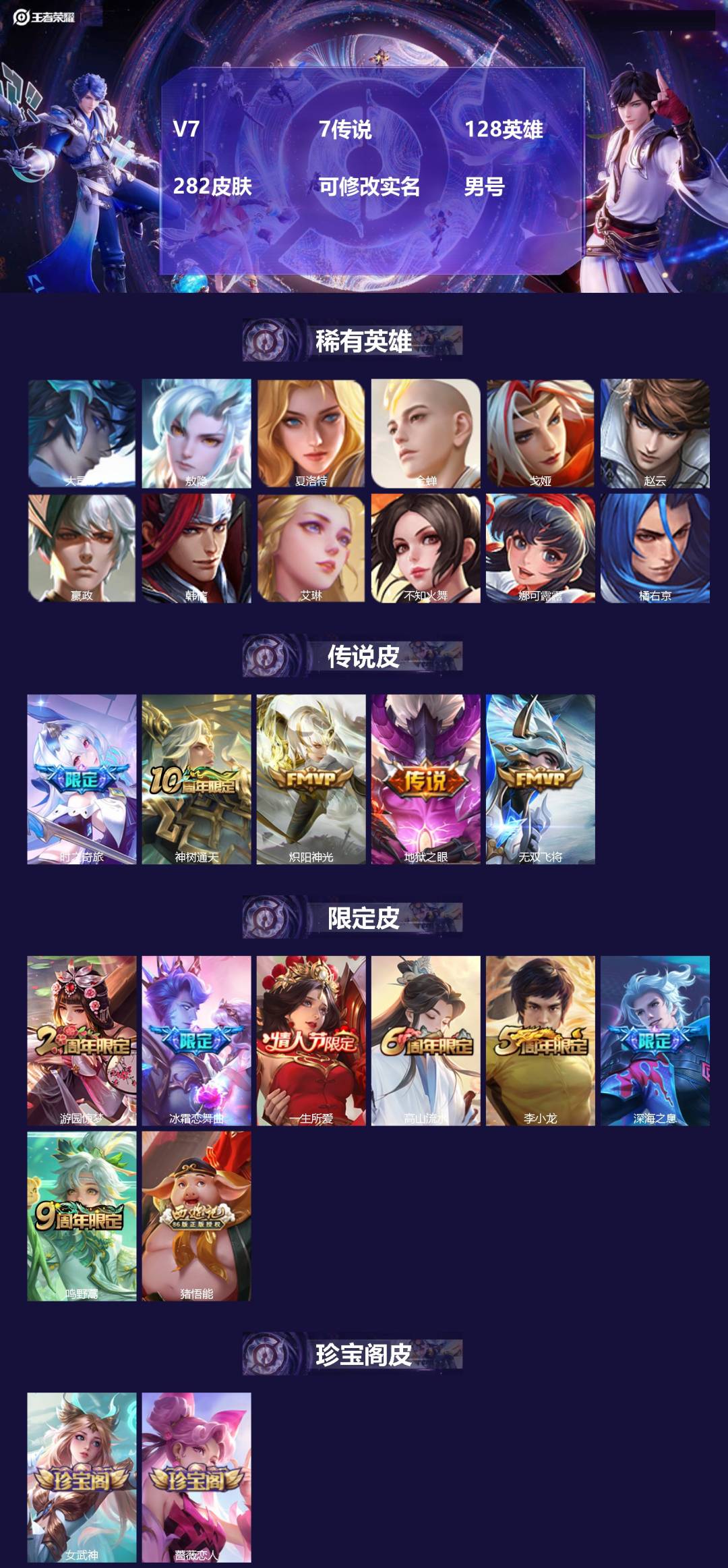 王者荣耀账号安卓QQ128英雄-282皮肤-[]V7 7传说 128英雄 282皮肤 可修改实名 男号 
【英雄全皮】敖