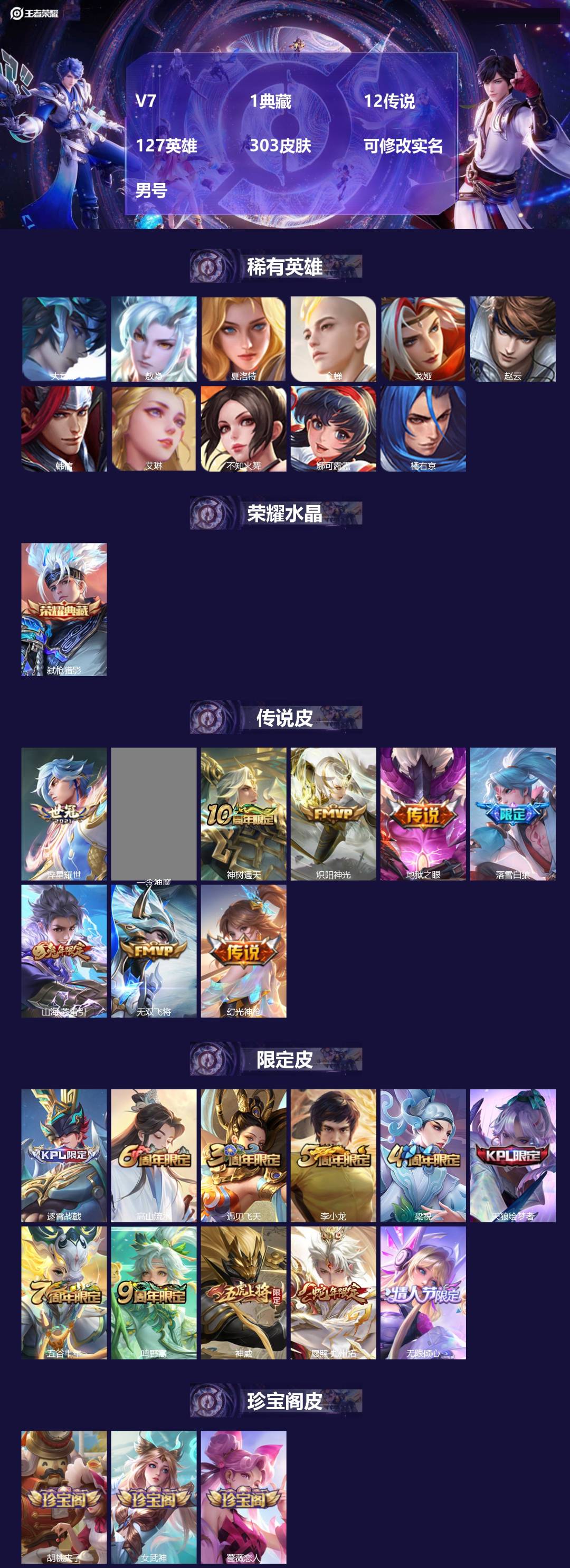 王者荣耀账号苹果QQ[17052832]V7 1典藏 12传说 127英雄 303皮肤 可修改实名 男号 
【英雄全皮】
