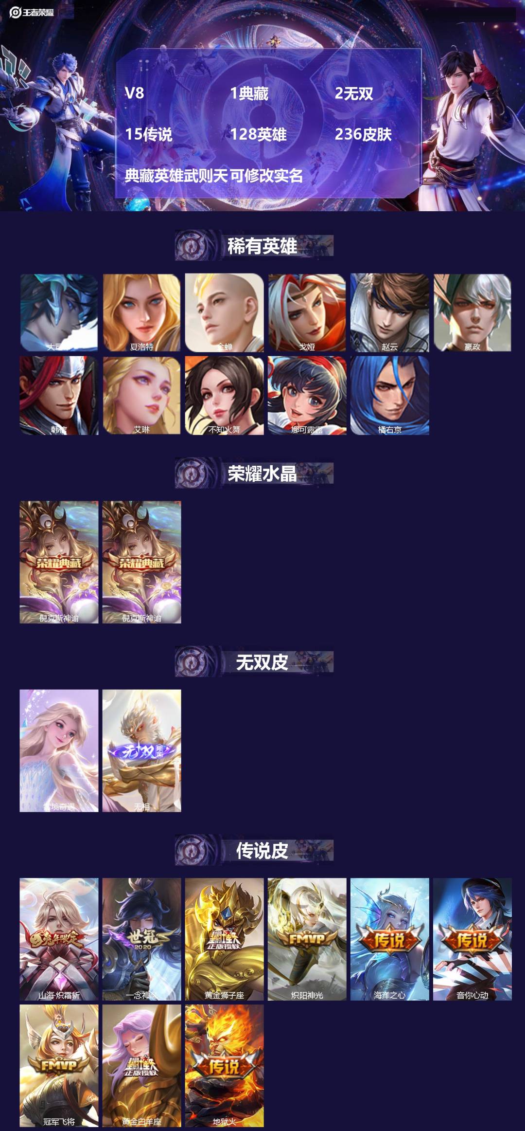 王者荣耀账号安卓QQ128英雄-236皮肤-[]V8 1典藏 2无双 15传说 128英雄 236皮肤 典藏英雄武则天 