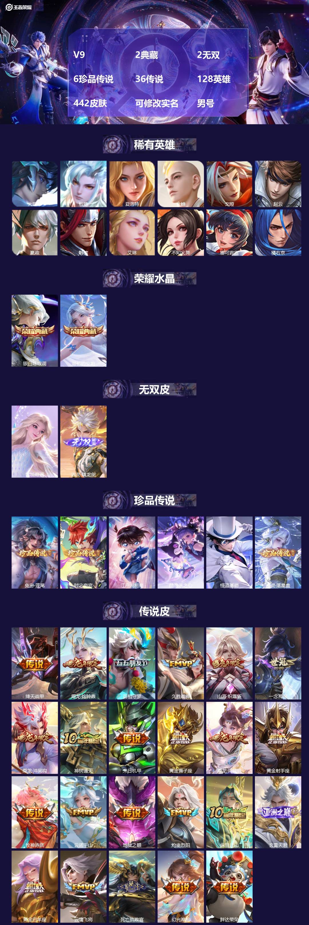 王者荣耀账号安卓QQV9 2典藏 2无双 6珍品传说 36传说 128英雄 442皮肤 可修改实名 男号 
【英雄全皮】