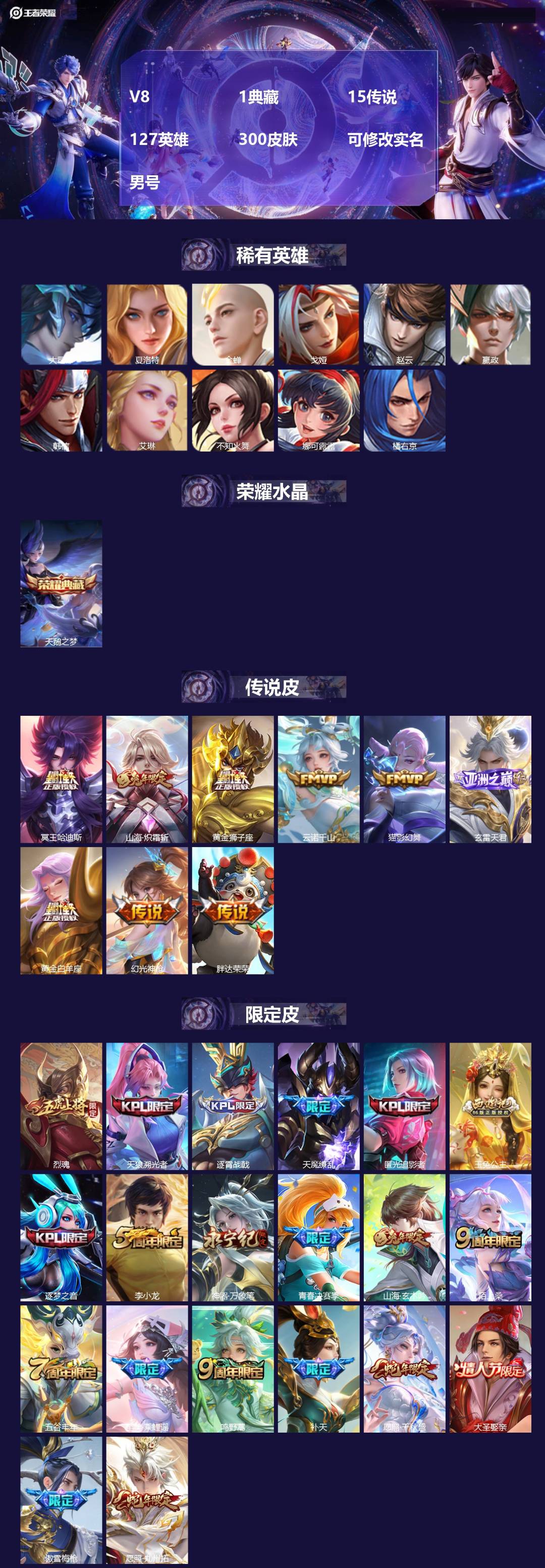 王者荣耀账号安卓QQ[17059872]V8 1典藏 15传说 127英雄 300皮肤 可修改实名 男号 
【英雄全皮】