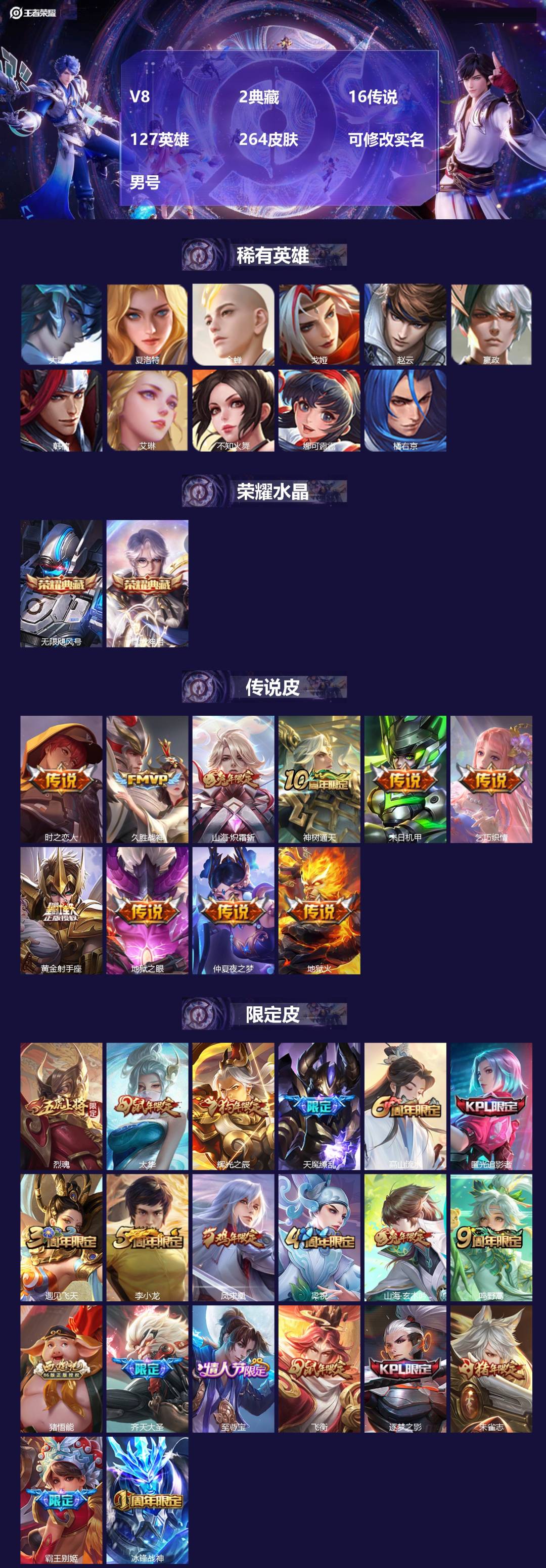 王者荣耀账号苹果QQV8 2典藏 16传说 127英雄 264皮肤 可修改实名 男号 
【英雄全皮】猪八戒全皮,大禹全皮
