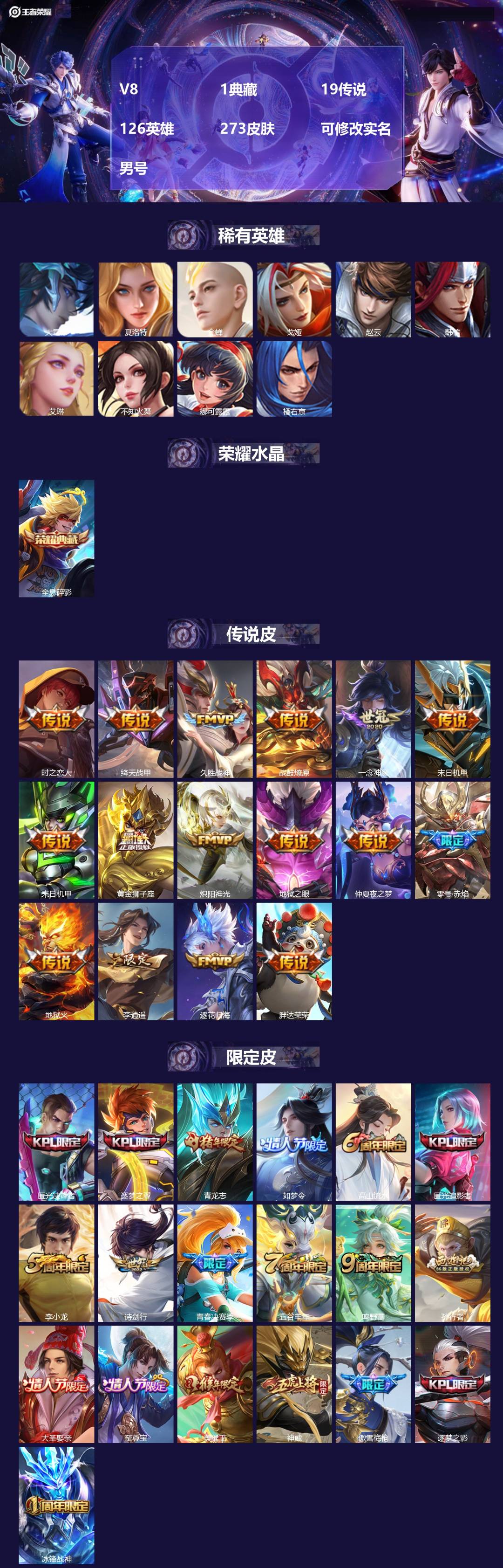 王者荣耀账号安卓QQ[17060822]V8 1典藏 19传说 126英雄 273皮肤 可修改实名 男号 
【英雄全皮】