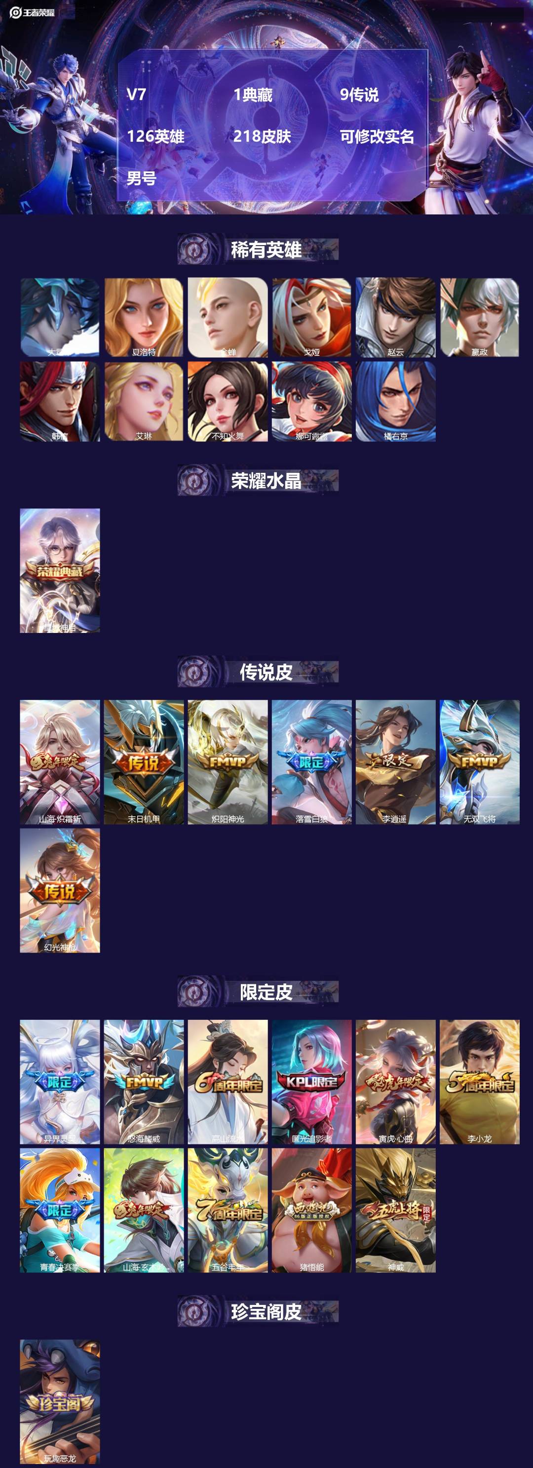 王者荣耀账号安卓QQ[17077855]V7 1典藏 9传说 126英雄 218皮肤 可修改实名 男号 
【英雄全皮】影