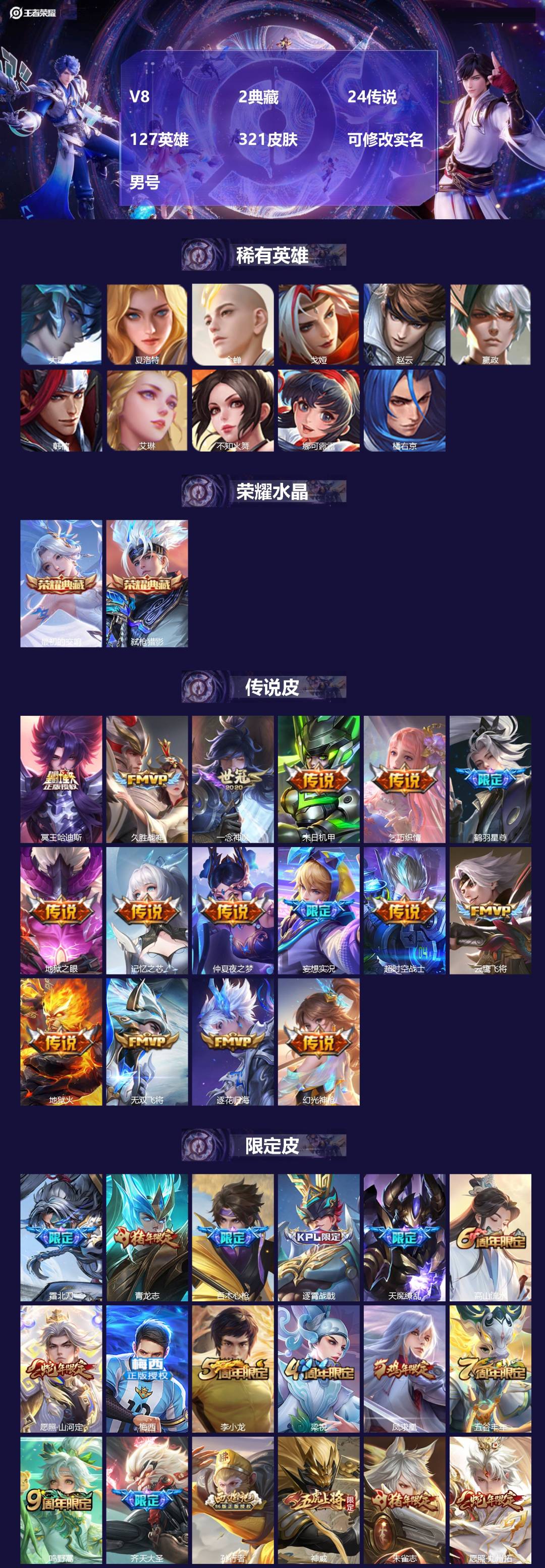 王者荣耀账号苹果QQ[17079429]V8 2典藏 24传说 127英雄 321皮肤 可修改实名 男号 
【英雄全皮】