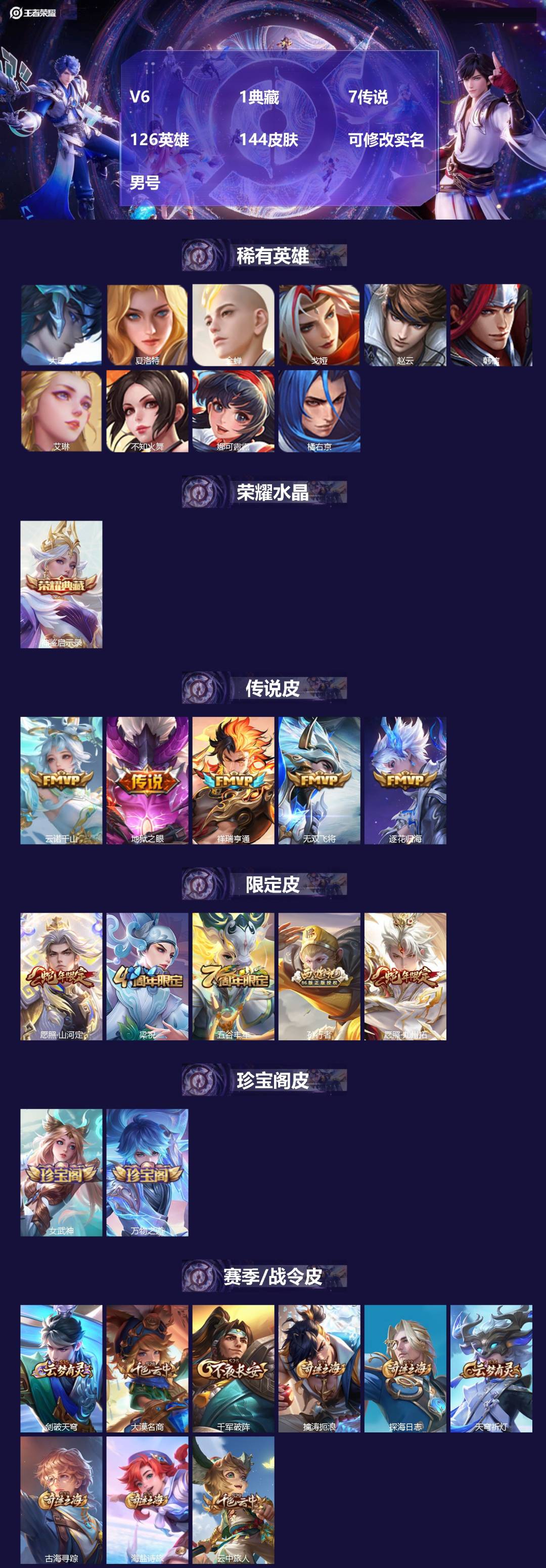 王者荣耀账号安卓QQV6 1典藏 7传说 126英雄 144皮肤 可修改实名 男号 
【英雄全皮】大禹全皮
【稀有英雄】