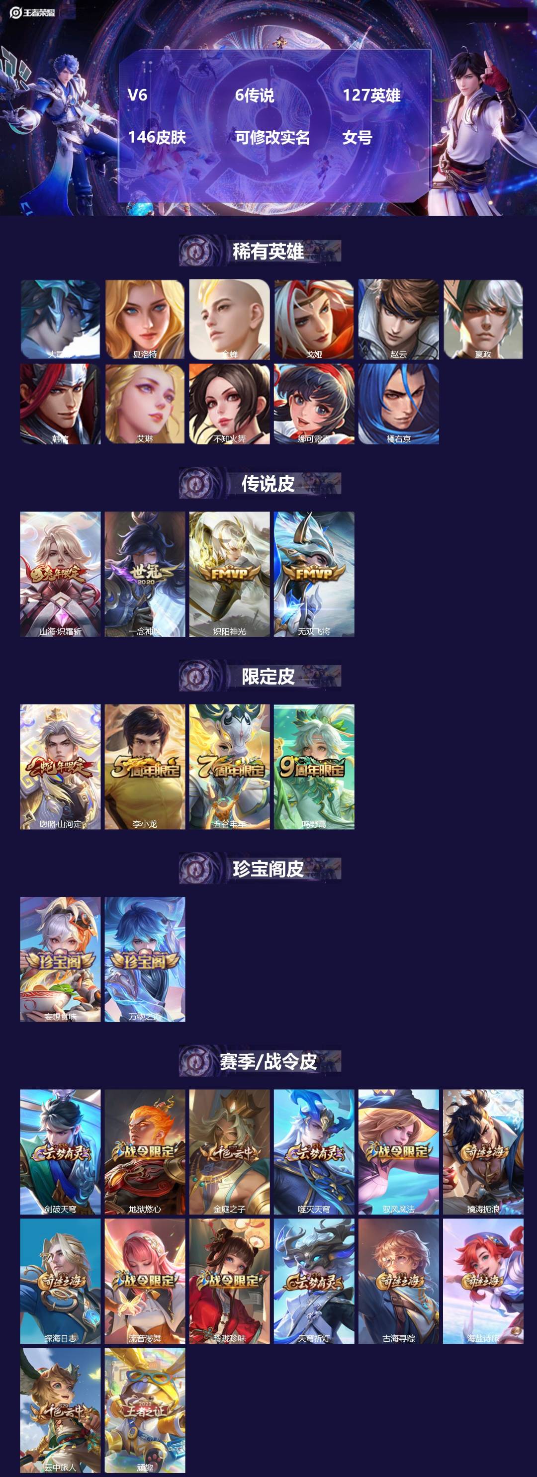 王者荣耀账号安卓QQ127英雄-146皮肤-[]V6 6传说 127英雄 146皮肤 可修改实名 女号 
【英雄全皮】司