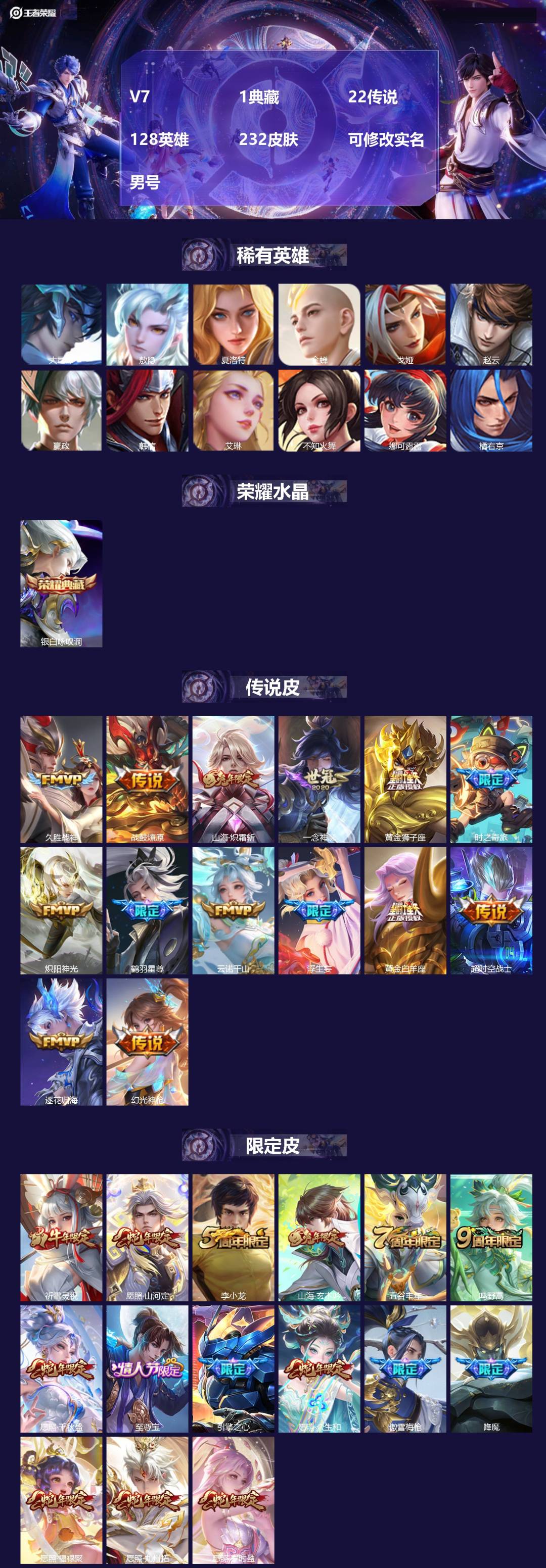 王者荣耀账号安卓QQ[17116041]V7 1典藏 22传说 128英雄 232皮肤 可修改实名 男号 
【英雄全皮】