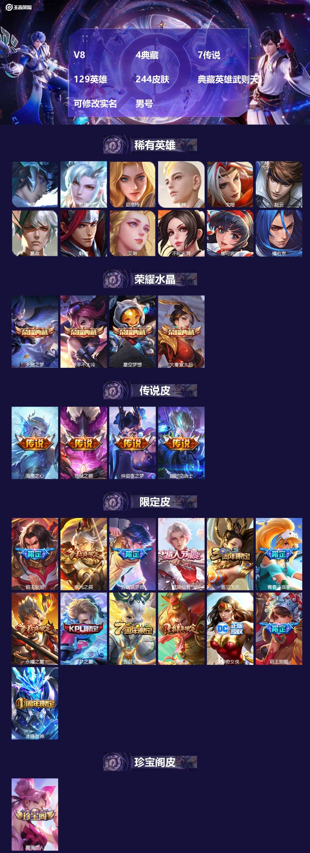 王者荣耀账号安卓QQ[17116297]V8 4典藏 7传说 129英雄 244皮肤 典藏英雄武则天 可修改实名 男号 