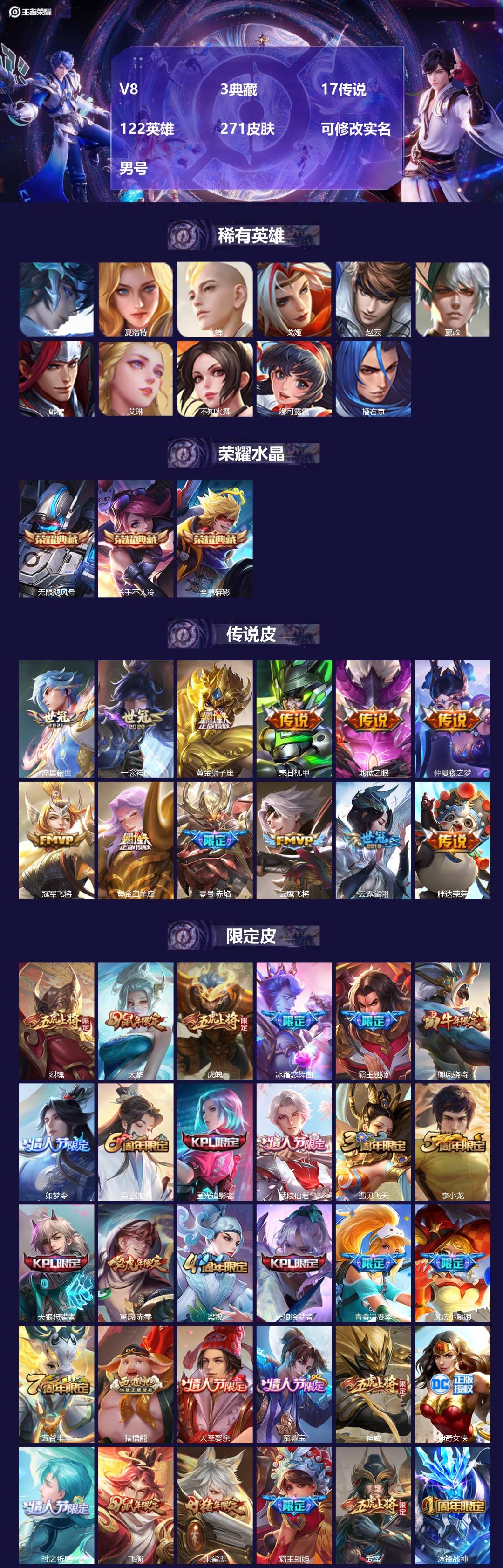 王者荣耀账号安卓QQ[17116361]V8 3典藏 17传说 122英雄 271皮肤 可修改实名 男号 
【英雄全皮】