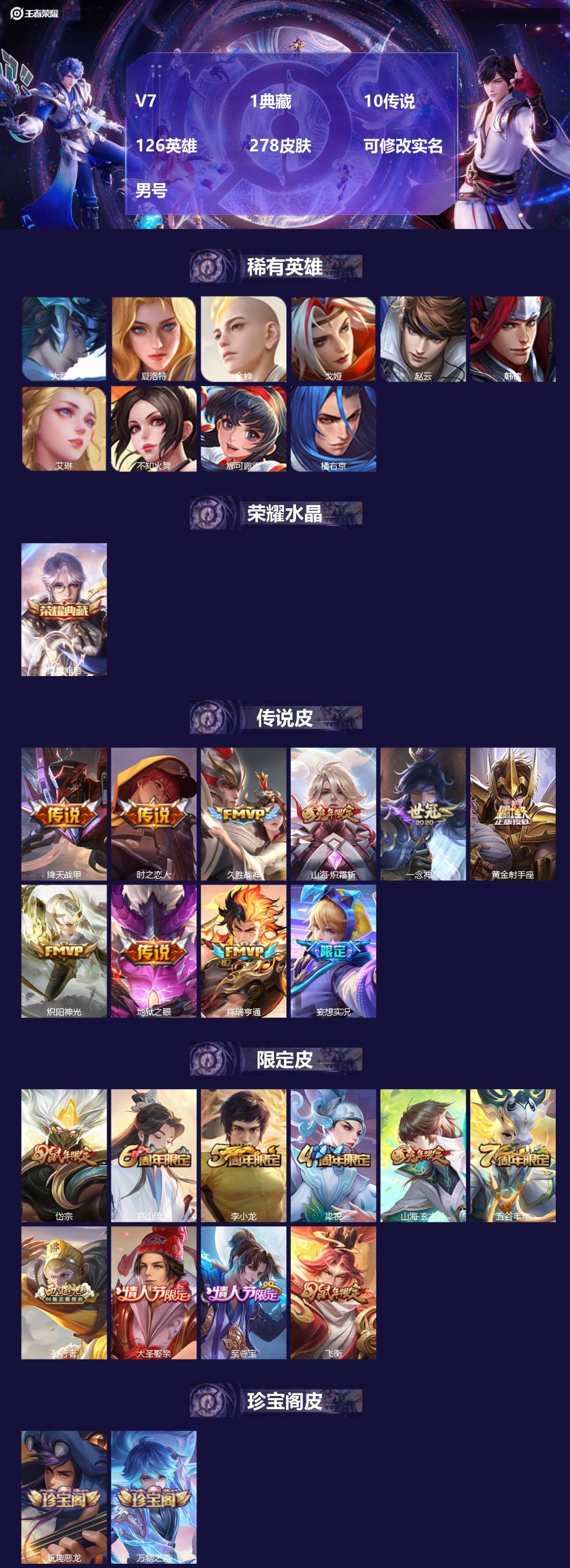 王者荣耀账号苹果QQ[17118955]V7 1典藏 10传说 126英雄 278皮肤 可修改实名 男号 
【英雄全皮】