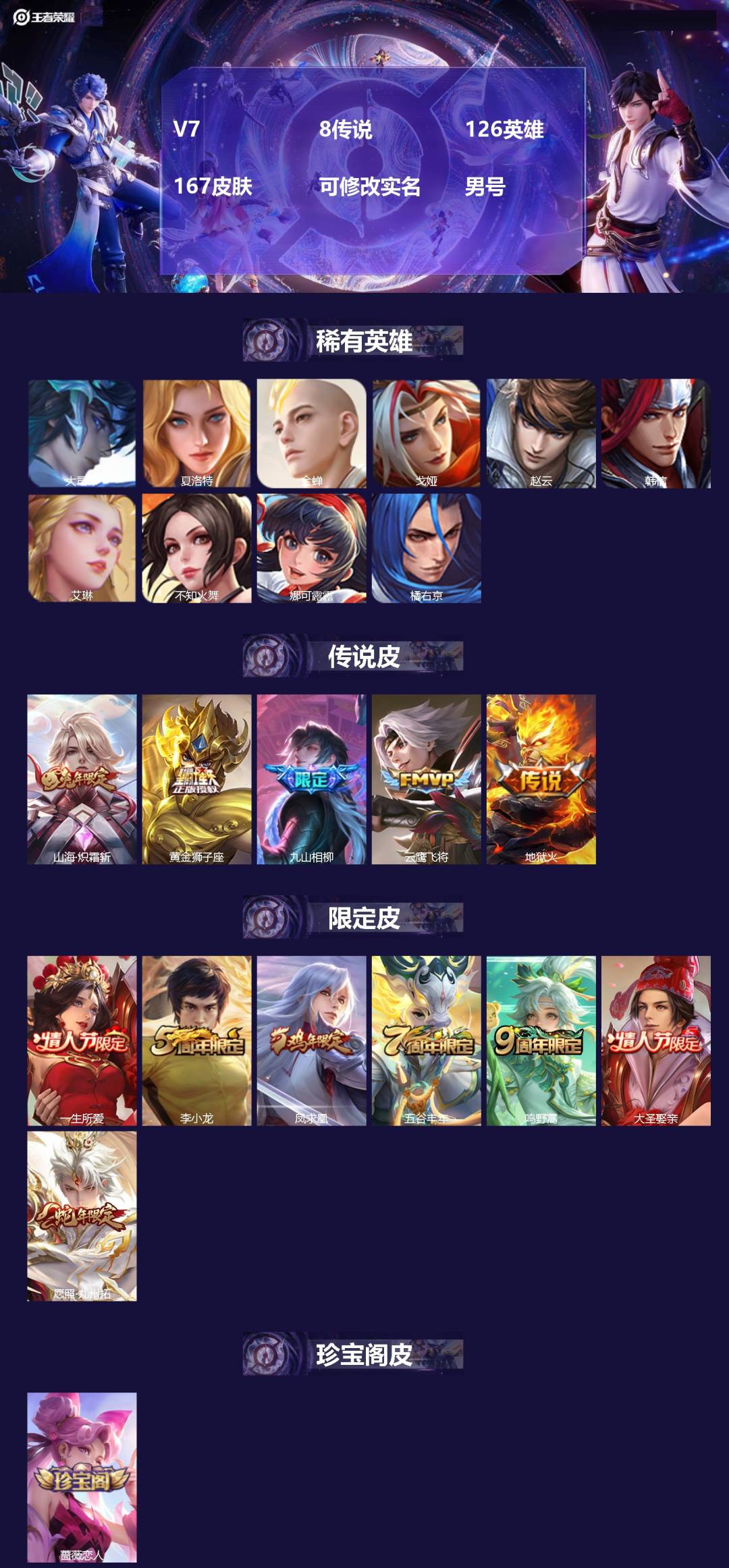 王者荣耀账号安卓QQ126英雄-167皮肤-[]V7 8传说 126英雄 167皮肤 可修改实名 男号 
【英雄全皮】大