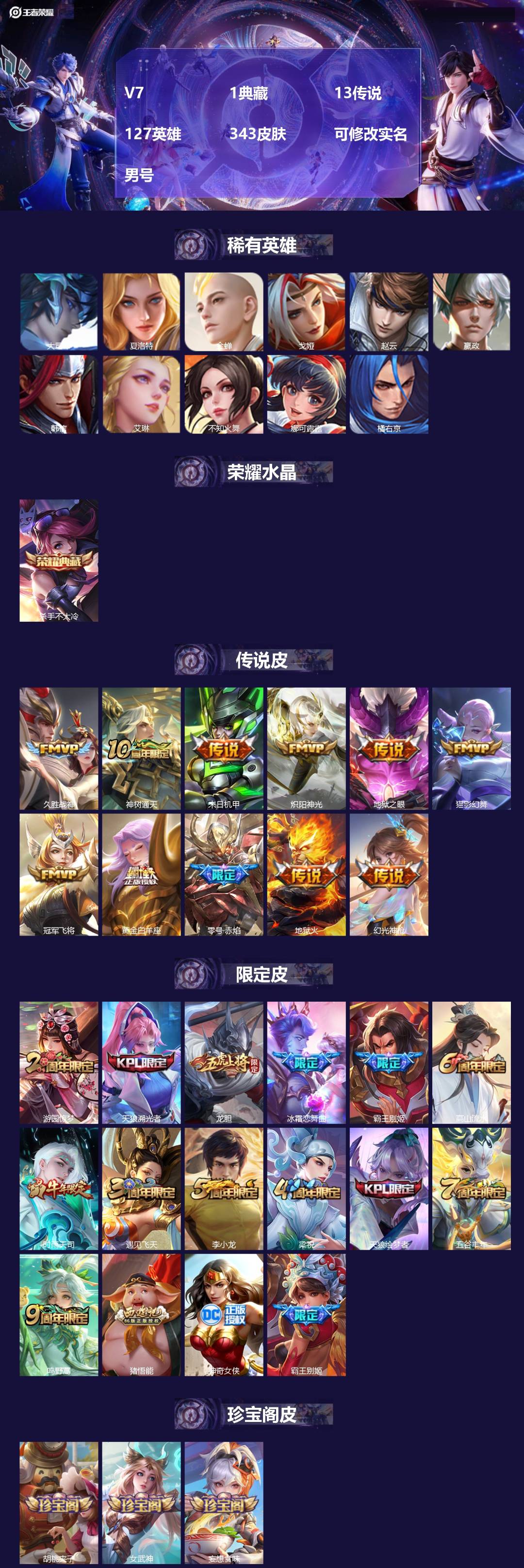 王者荣耀账号安卓QQ127英雄-343皮肤-[]V7 1典藏 13传说 127英雄 343皮肤 可修改实名 男号 
【英