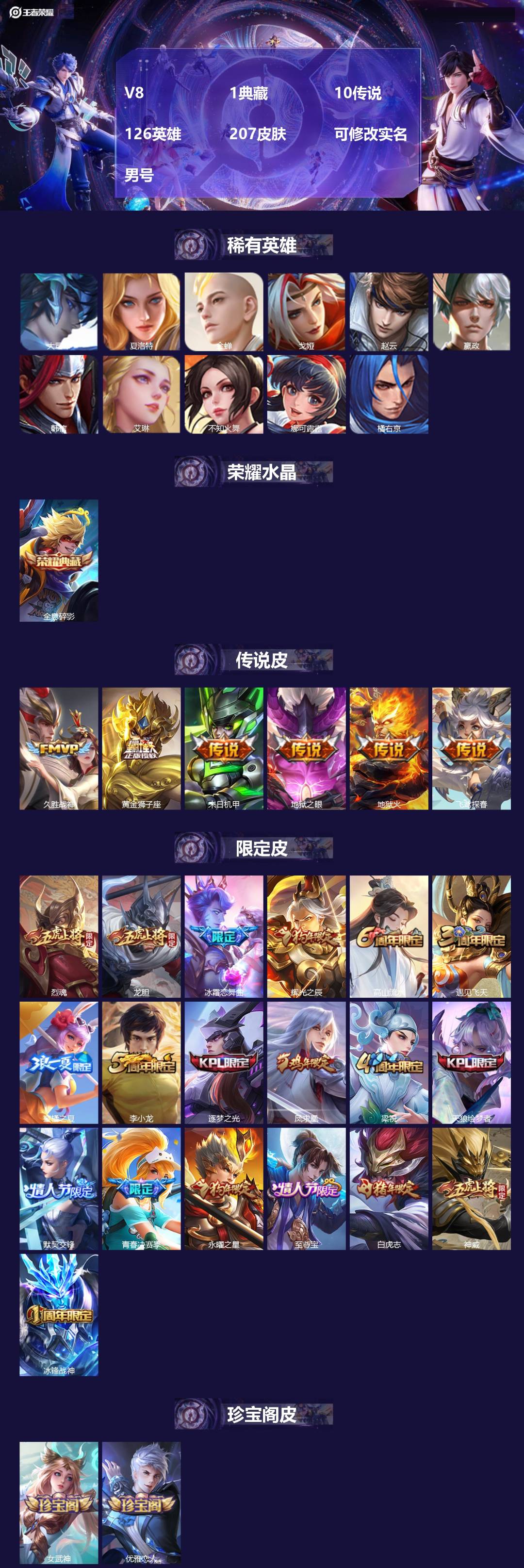 王者荣耀账号安卓QQ126英雄-207皮肤-[]V8 1典藏 10传说 126英雄 207皮肤 可修改实名 男号 
【稀