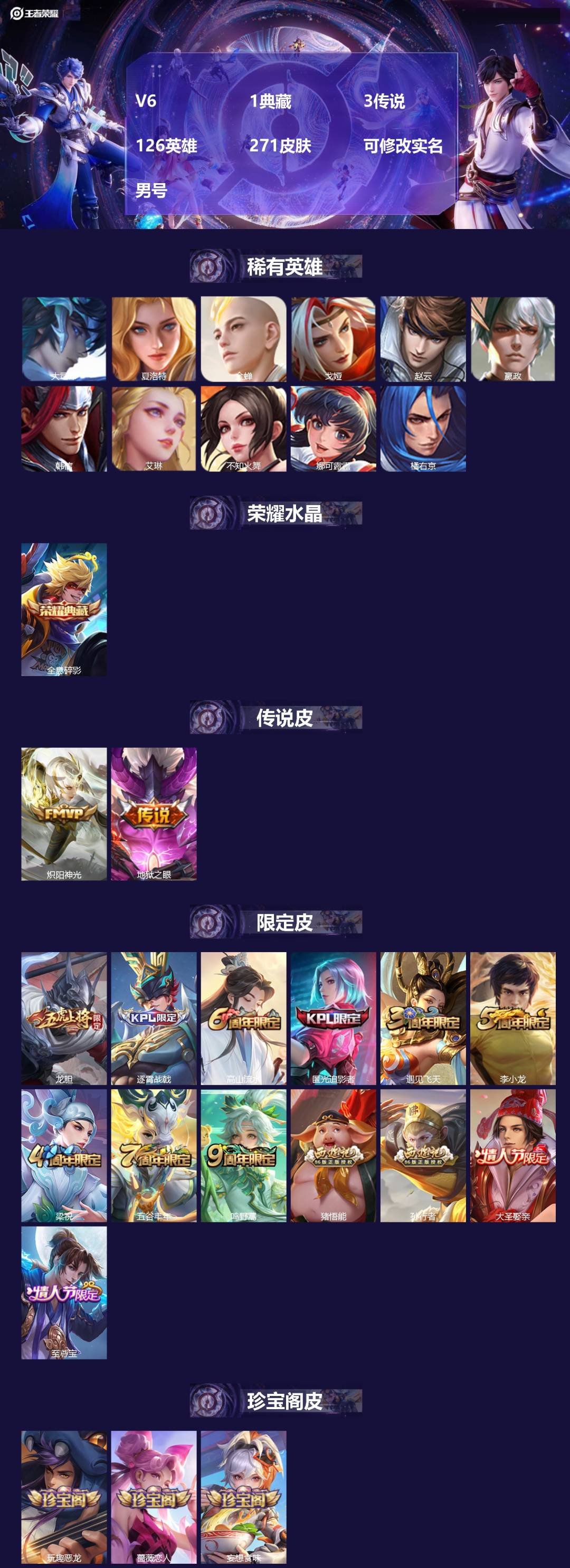 王者荣耀账号安卓QQ126英雄-271皮肤-[]V6 1典藏 3传说 126英雄 271皮肤 可修改实名 男号 
【英雄