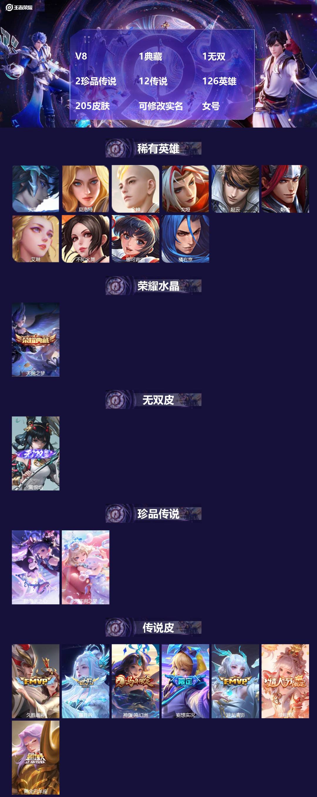 王者荣耀账号安卓QQV8 1典藏 1无双 2珍品传说 12传说 126英雄 205皮肤 可修改实名 女号 
【英雄全皮】
