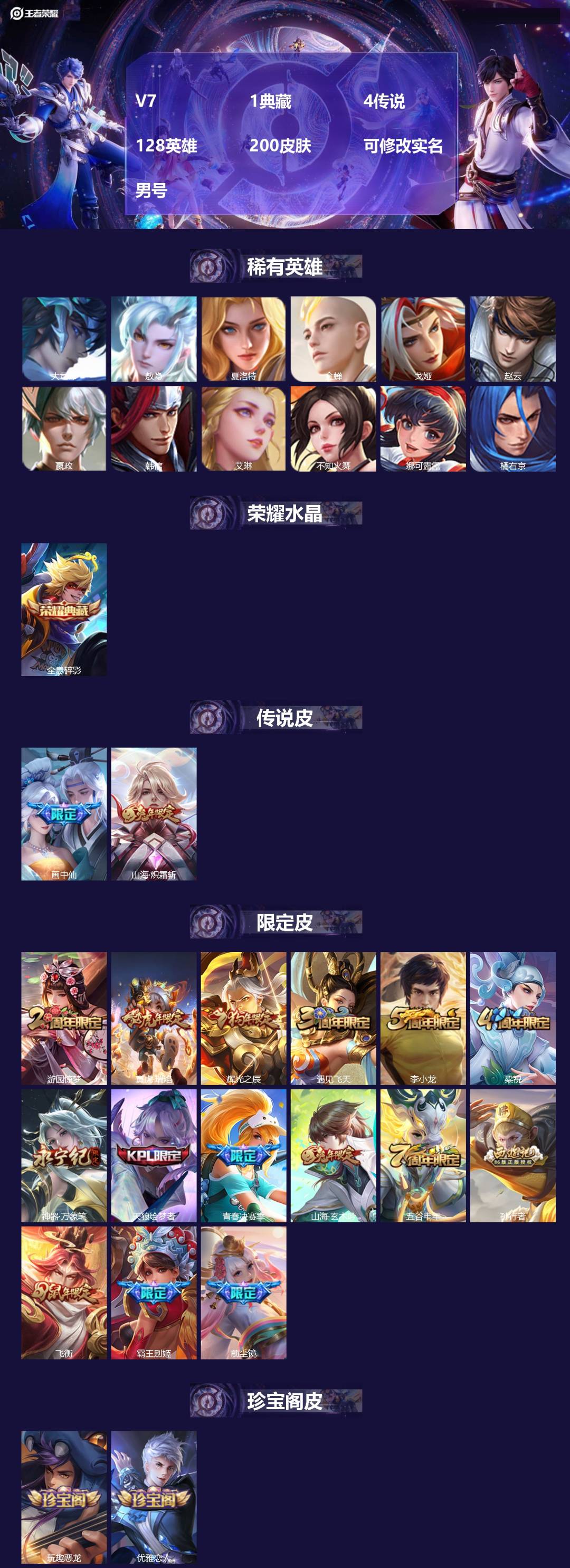 王者荣耀账号安卓QQ128英雄-200皮肤-[]V7 1典藏 4传说 128英雄 200皮肤 可修改实名 男号 
【英雄