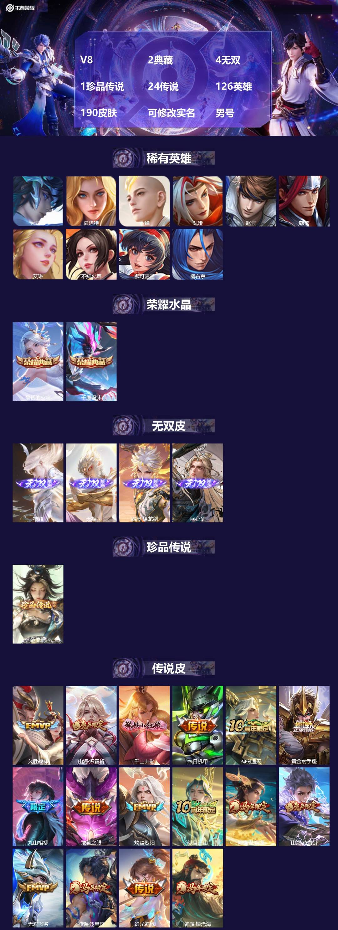 王者荣耀账号苹果QQ[17158746]V8 2典藏 4无双 1珍品传说 24传说 126英雄 190皮肤 可修改实名 