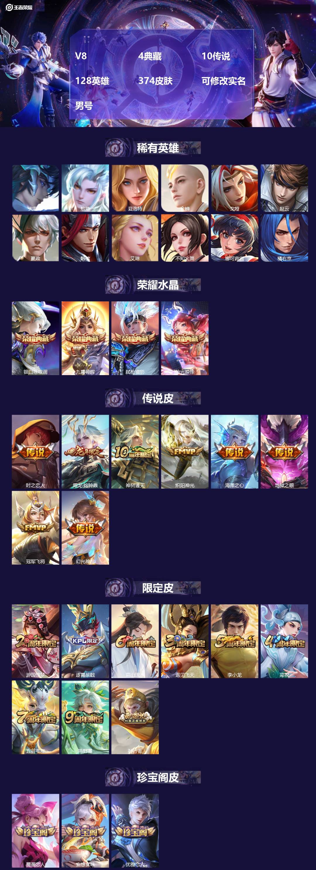 王者荣耀账号安卓QQ128英雄-374皮肤-[]V8 4典藏 10传说 128英雄 374皮肤 可修改实名 男号 
【英