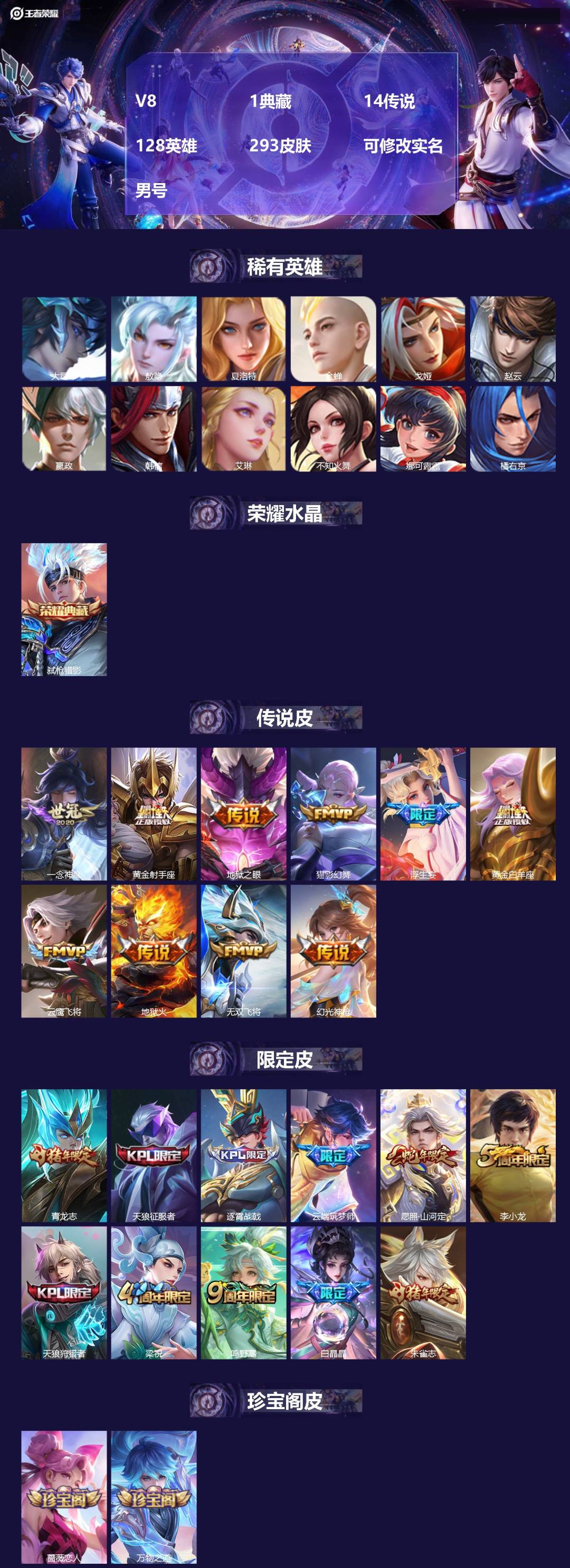 王者荣耀账号苹果QQV8 1典藏 14传说 128英雄 293皮肤 可修改实名 男号 
【英雄全皮】敖隐全皮,空空儿全皮