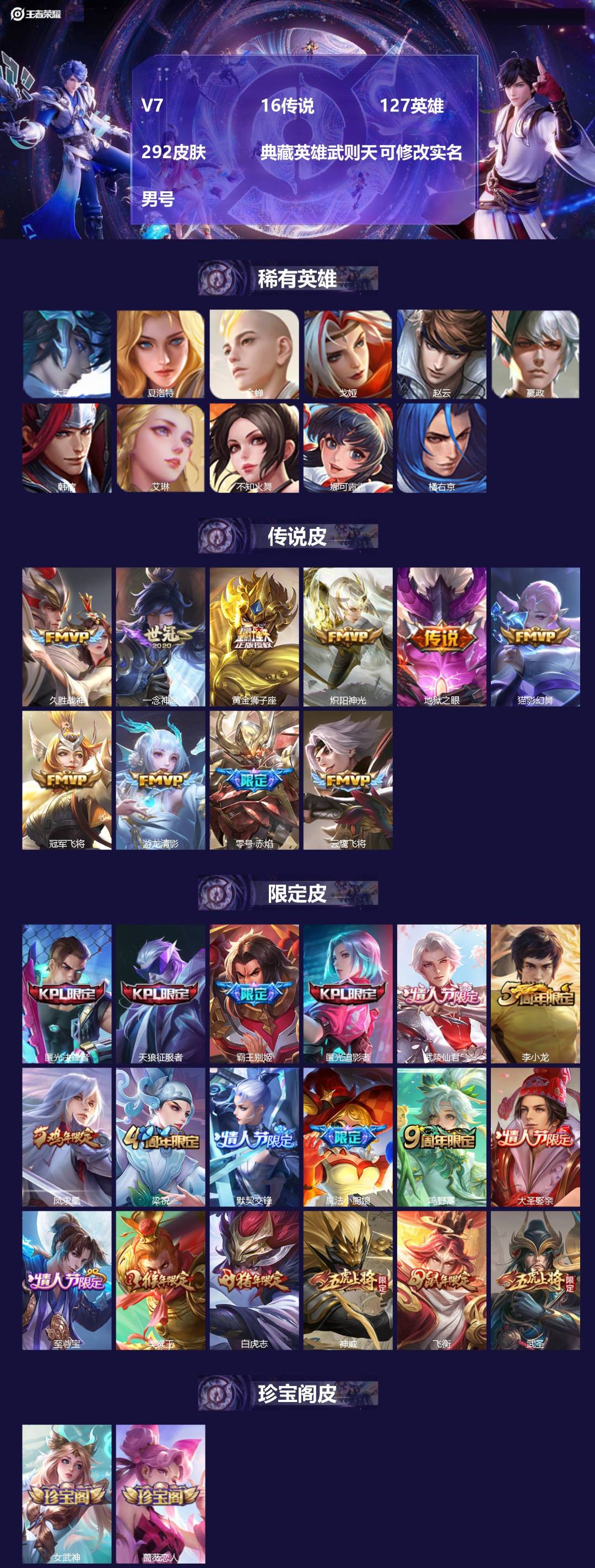王者荣耀账号苹果QQ[17165855]V7 16传说 127英雄 292皮肤 典藏英雄武则天 可修改实名 男号 
【稀