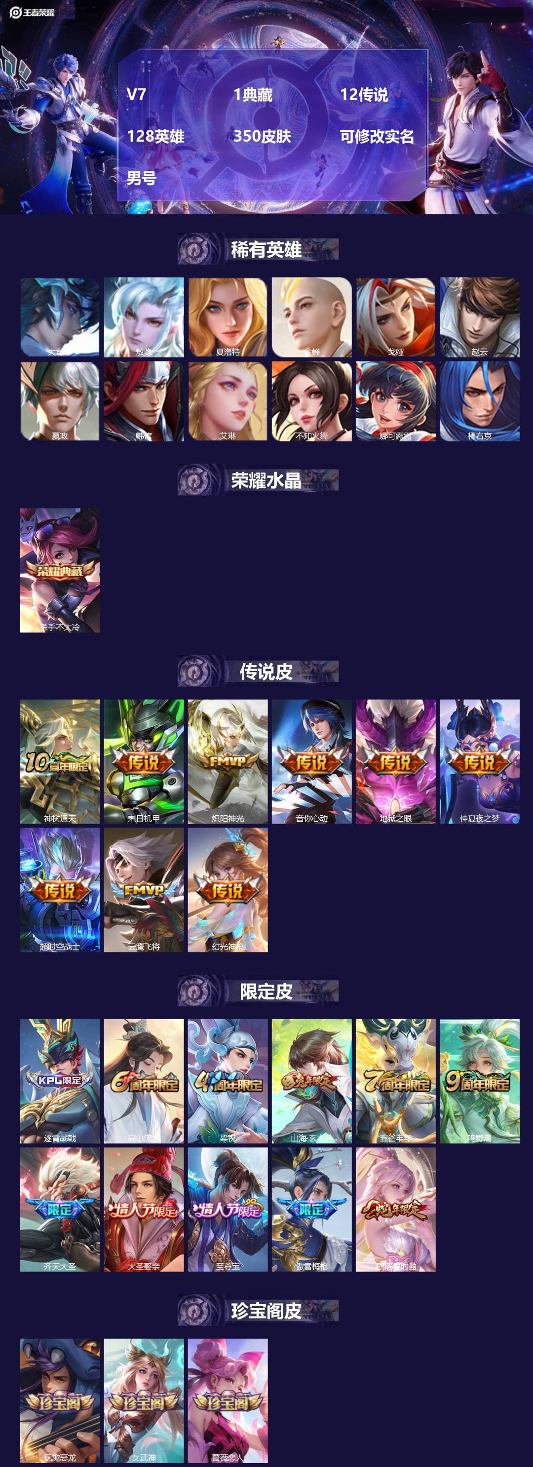 王者荣耀账号苹果QQ128英雄-350皮肤-[]V7 1典藏 12传说 128英雄 350皮肤 可修改实名 男号 
【英