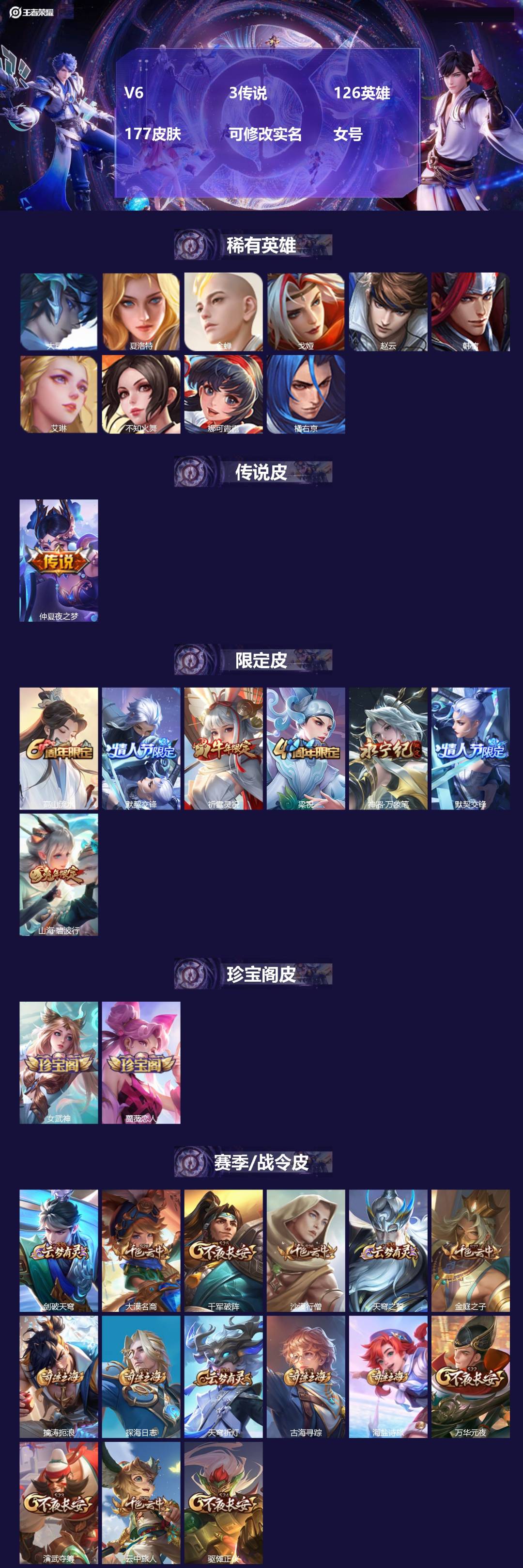 王者荣耀账号安卓QQV6 3传说 126英雄 177皮肤 可修改实名 女号 
【英雄全皮】空空儿全皮,大禹全皮
【稀有英