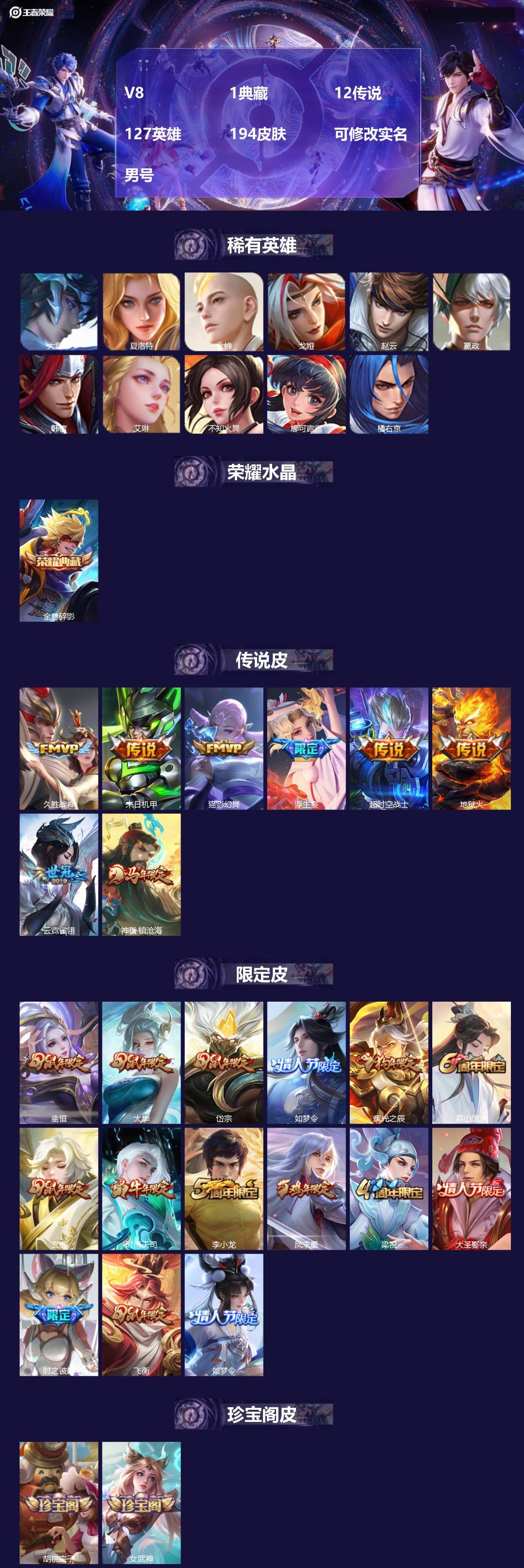 王者荣耀账号苹果QQ[17175864]V8 1典藏 12传说 127英雄 194皮肤 可修改实名 男号 
【英雄全皮】