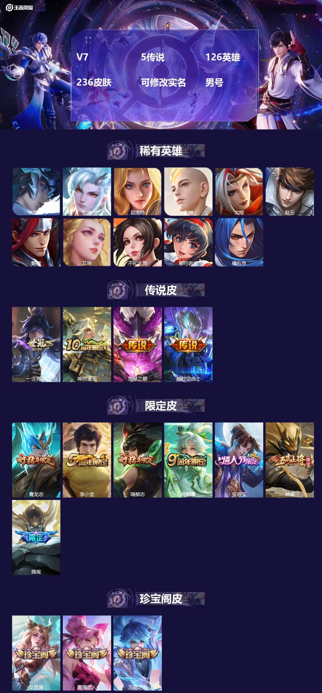 王者荣耀账号苹果QQV7 5传说 126英雄 236皮肤 可修改实名 男号 
【稀有英雄】敖隐(小龙人),大司命,韩信(