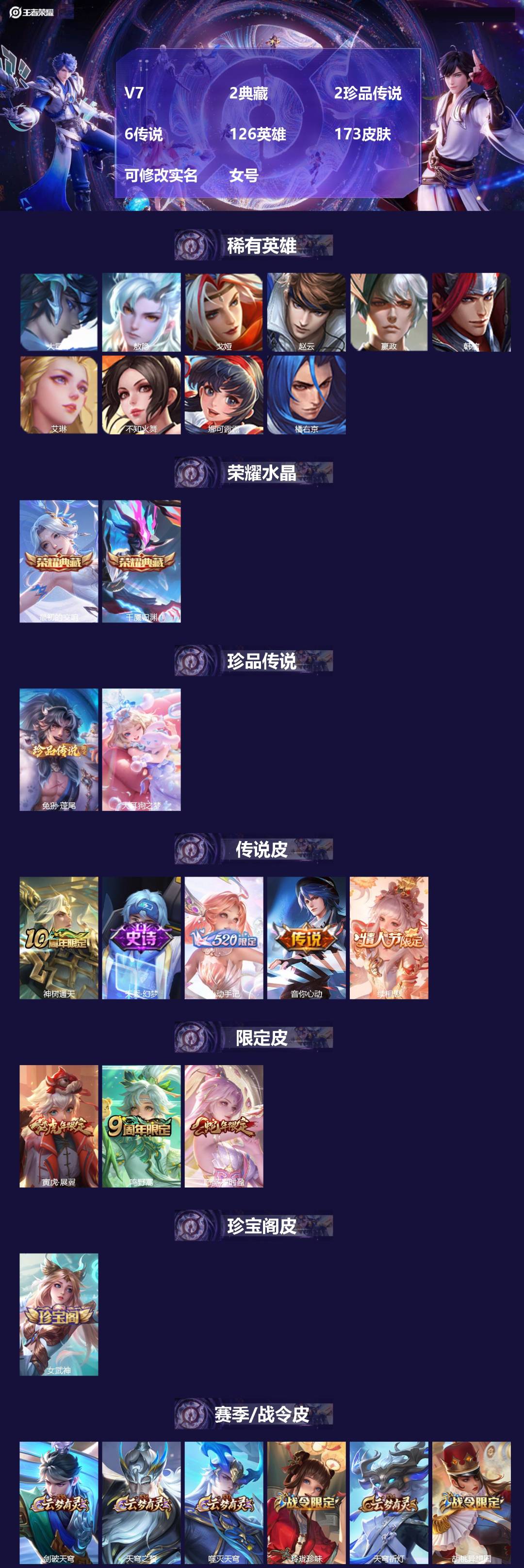 王者荣耀账号安卓VX[17184008]V7 2典藏 2珍品传说 6传说 126英雄 173皮肤 可修改实名 女号 
【