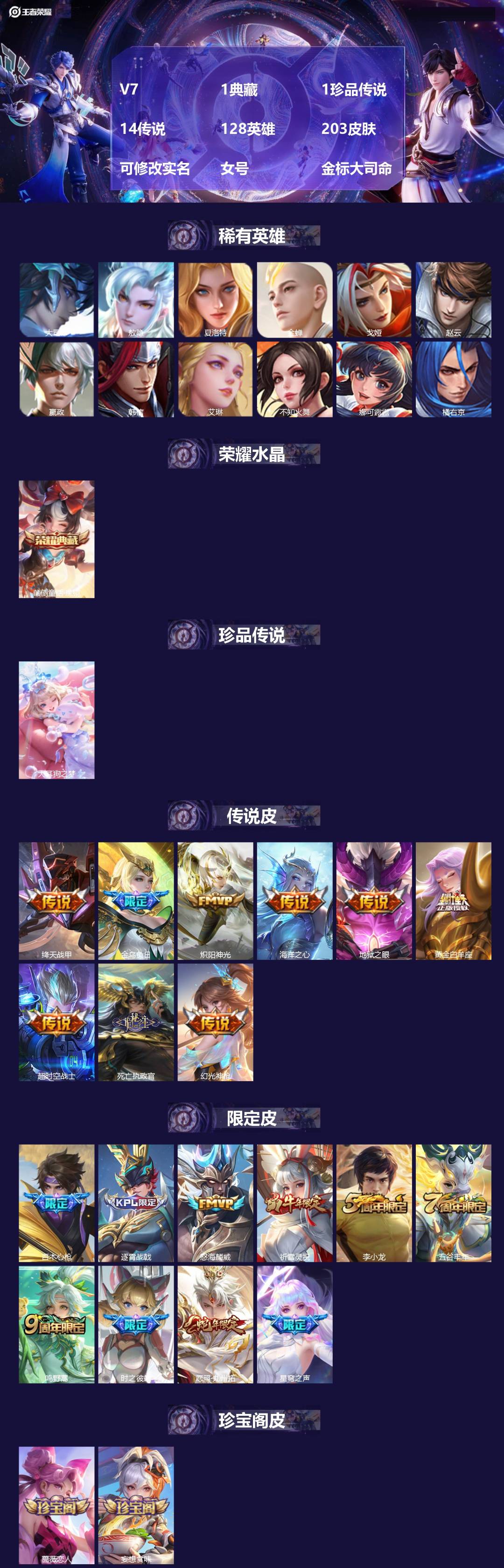 王者荣耀账号安卓QQ[17189981]V7 1典藏 1珍品传说 14传说 128英雄 203皮肤 可修改实名 女号 金