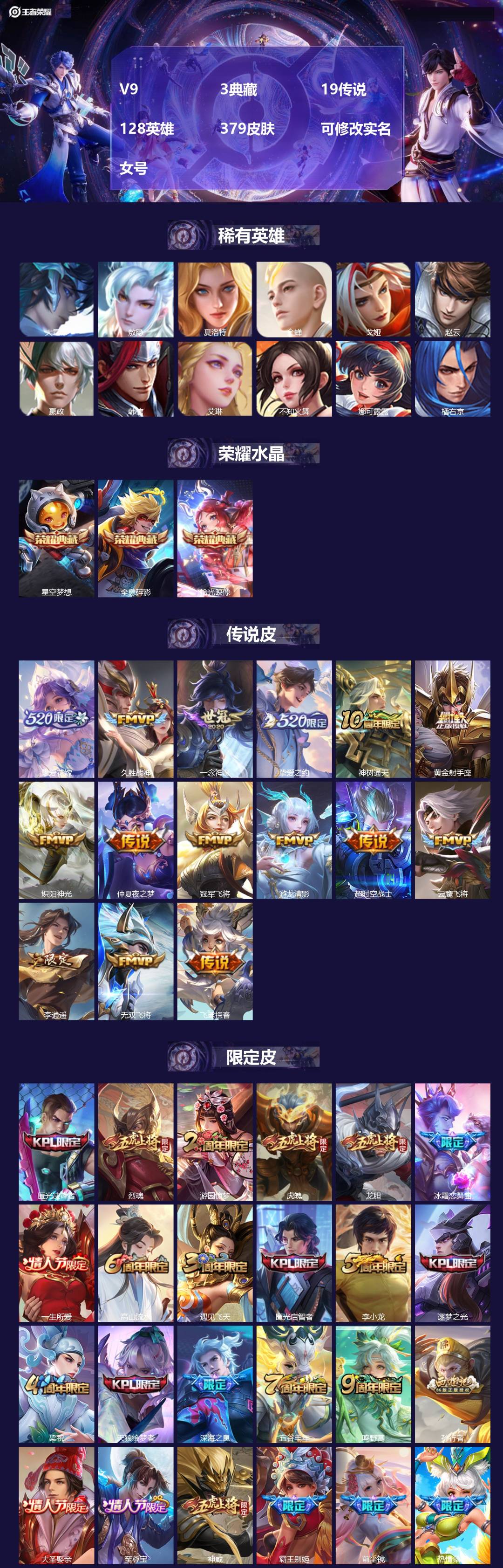 王者荣耀账号安卓QQV9 3典藏 19传说 128英雄 379皮肤 可修改实名 女号 
【英雄全皮】孙权全皮,蚩奼全皮,