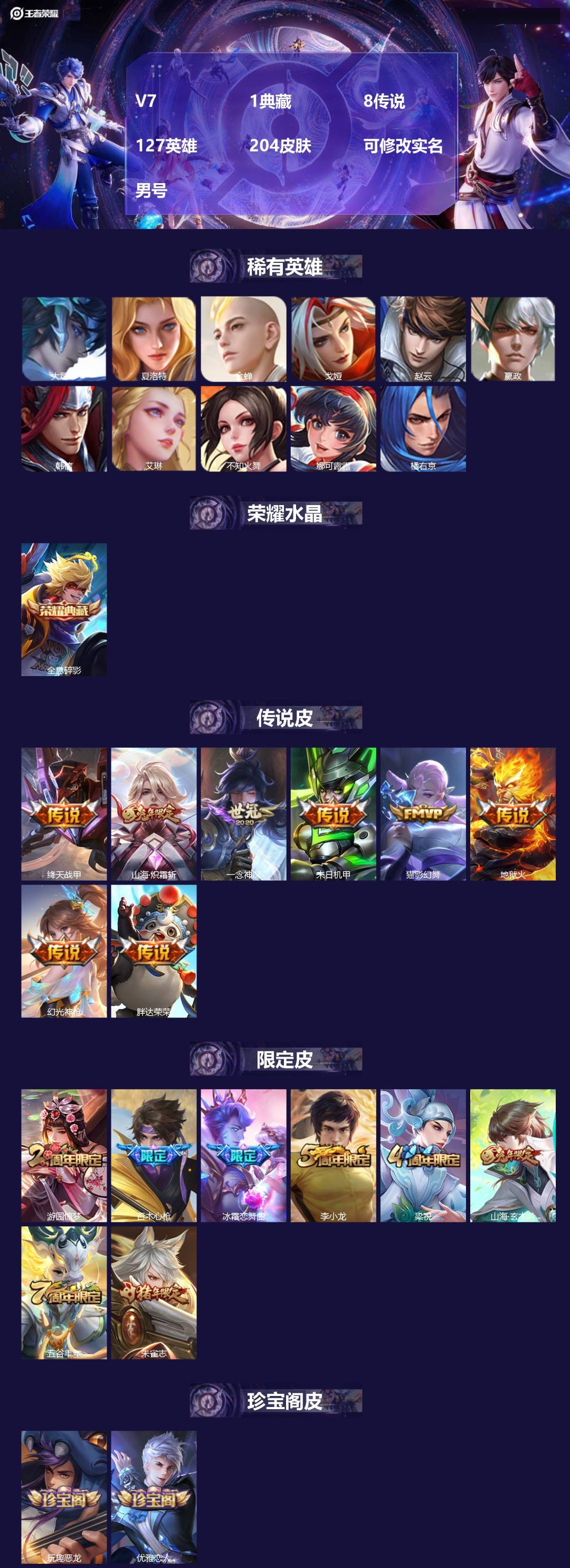 王者荣耀账号安卓QQ[17194054]V7 1典藏 8传说 127英雄 204皮肤 可修改实名 男号 
【英雄全皮】李