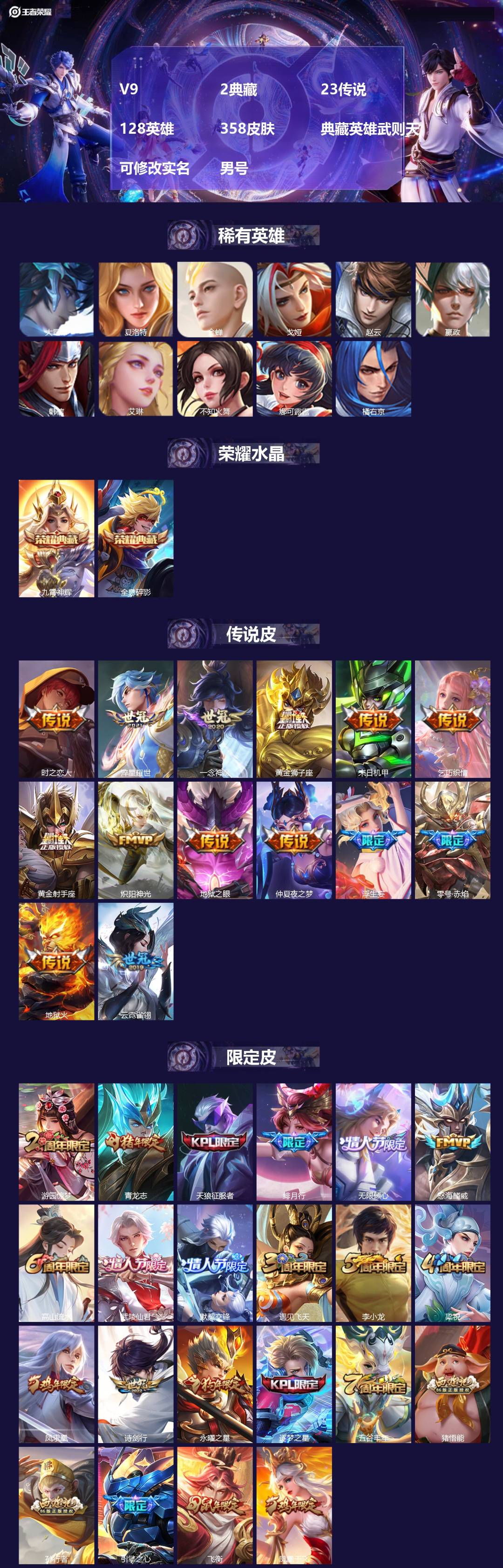 王者荣耀账号安卓QQ128英雄-358皮肤-[]V9 2典藏 23传说 128英雄 358皮肤 典藏英雄武则天 可修改实