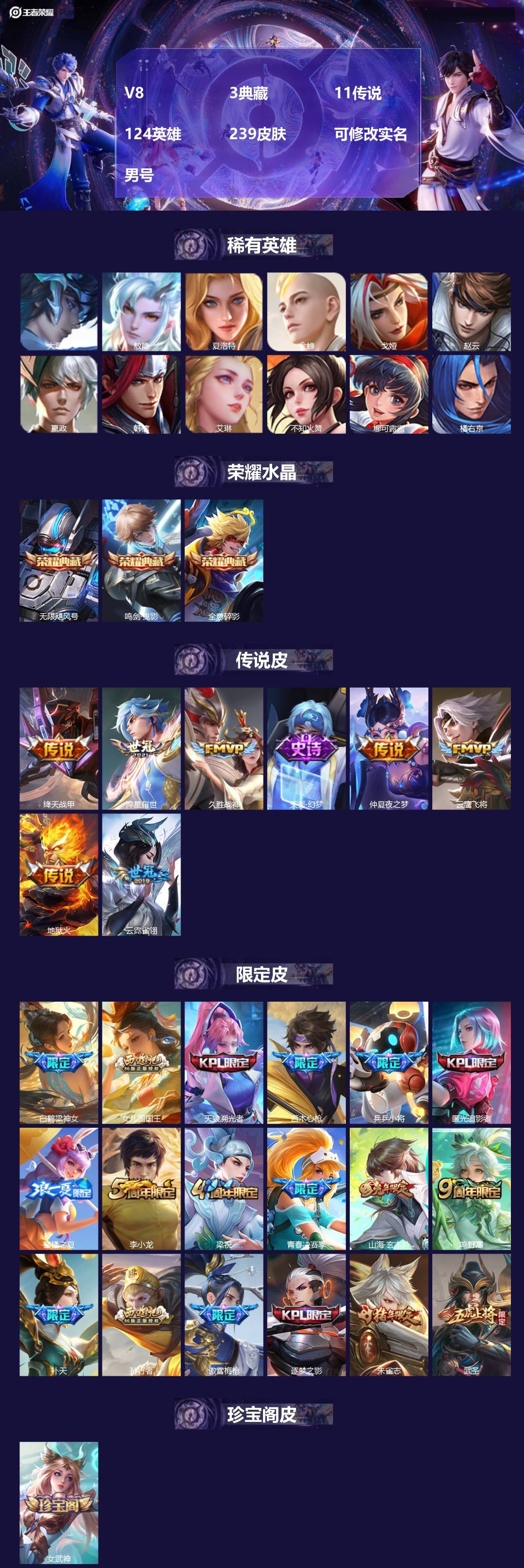 王者荣耀账号安卓QQV8 3典藏 11传说 124英雄 239皮肤 可修改实名 男号 
【稀有英雄】敖隐(小龙人),大司