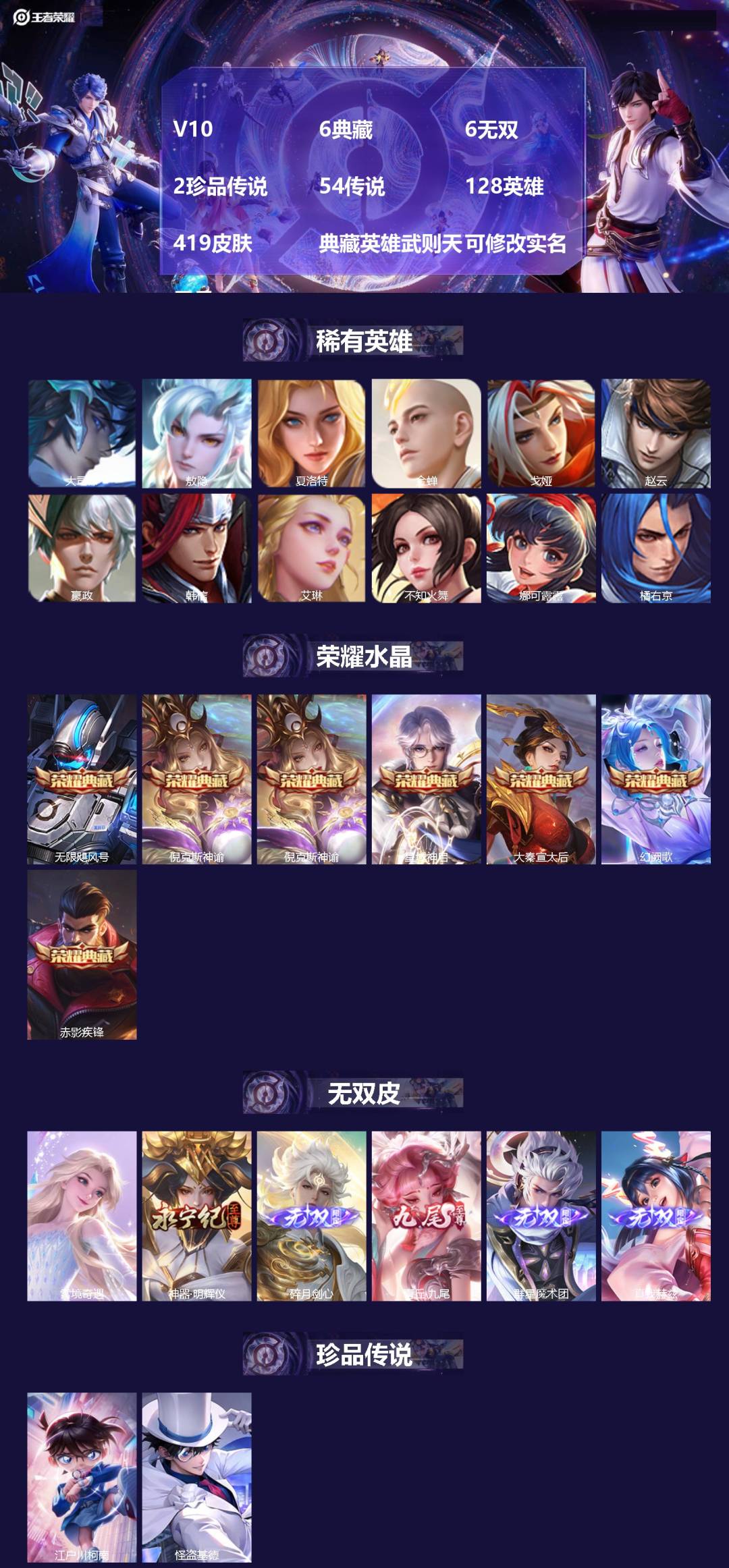 王者荣耀账号安卓QQ[17219856]V10 6典藏 6无双 2珍品传说 54传说 128英雄 419皮肤 典藏英雄武