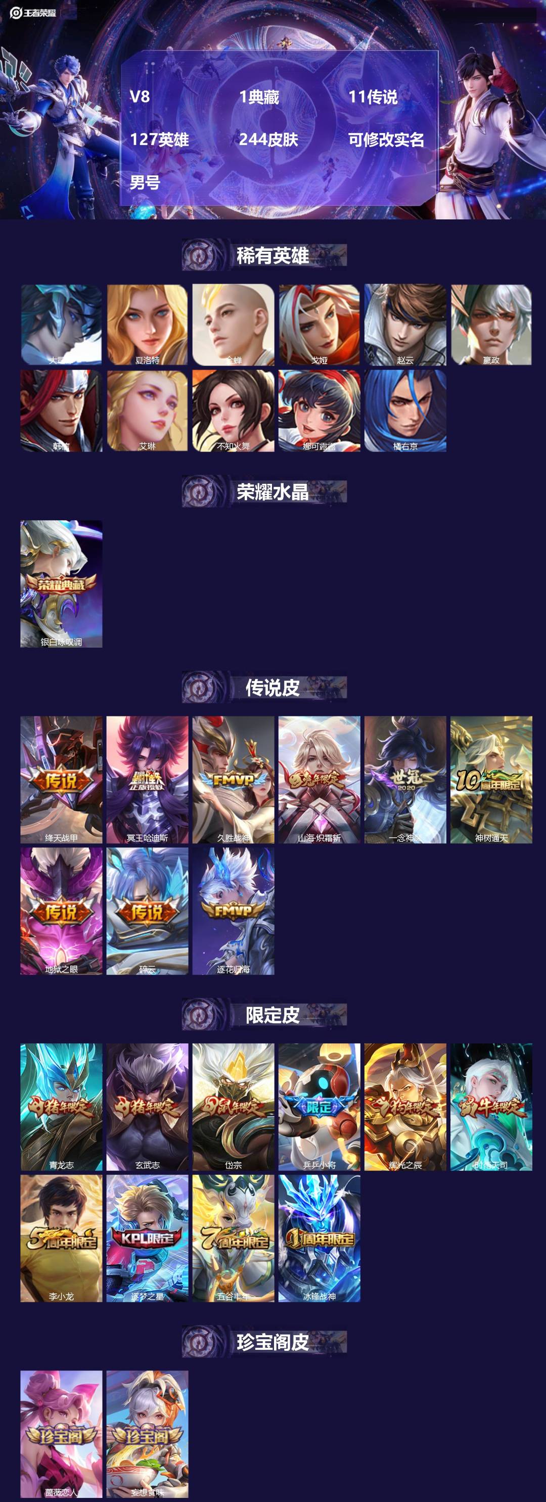 王者荣耀账号安卓QQ[17247684]V8 1典藏 11传说 127英雄 244皮肤 可修改实名 男号 
【英雄全皮】