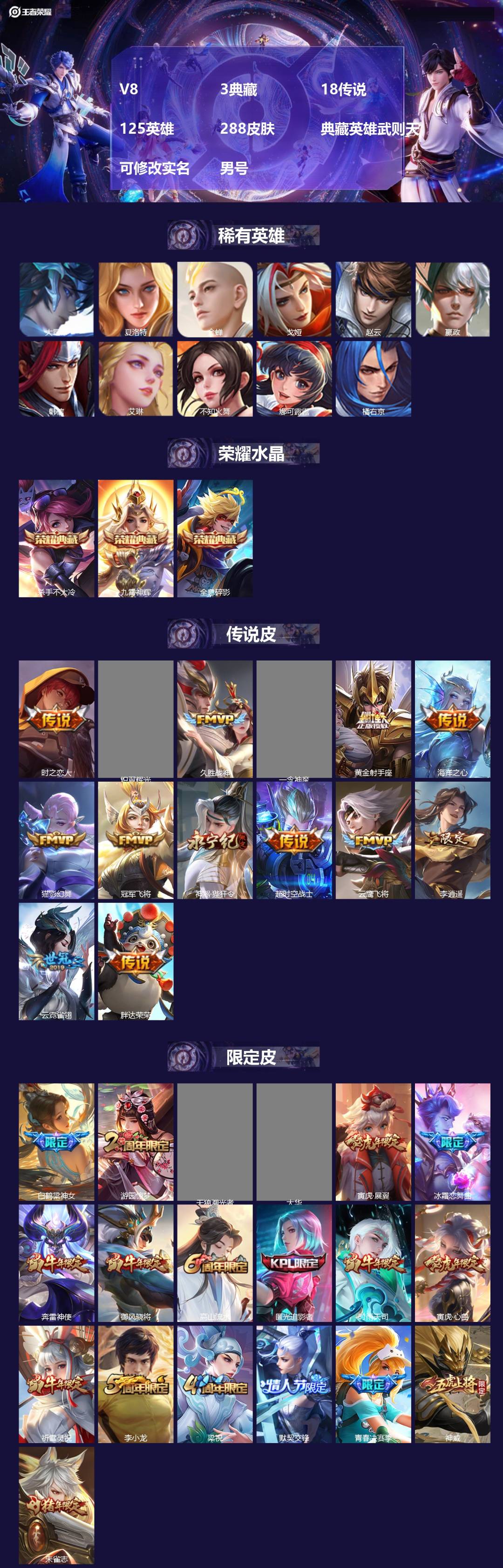 王者荣耀账号安卓QQ[17249113]V8 3典藏 18传说 125英雄 288皮肤 典藏英雄武则天 可修改实名 男号