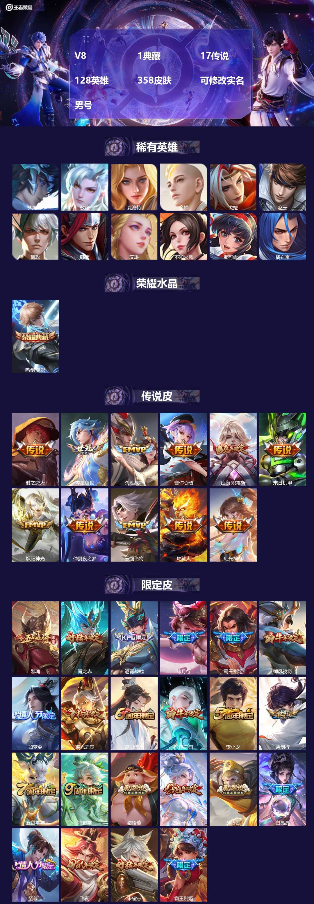 王者荣耀账号苹果QQ[17252377]V8 1典藏 17传说 128英雄 358皮肤 可修改实名 男号 
【英雄全皮】