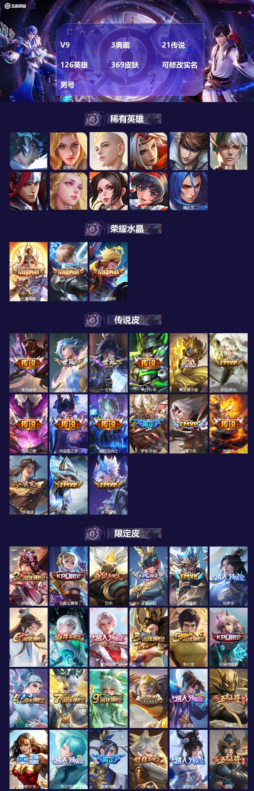 王者荣耀账号苹果QQ[17255603]V9 3典藏 21传说 126英雄 369皮肤 可修改实名 男号 
【英雄全皮】