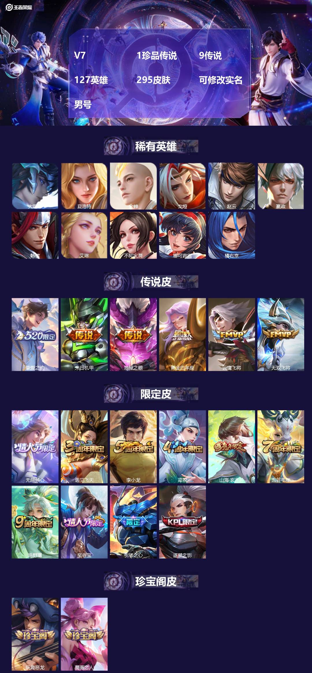 王者荣耀账号苹果QQ[17264396]V7 1珍品传说 9传说 127英雄 295皮肤 可修改实名 男号 
【英雄全皮