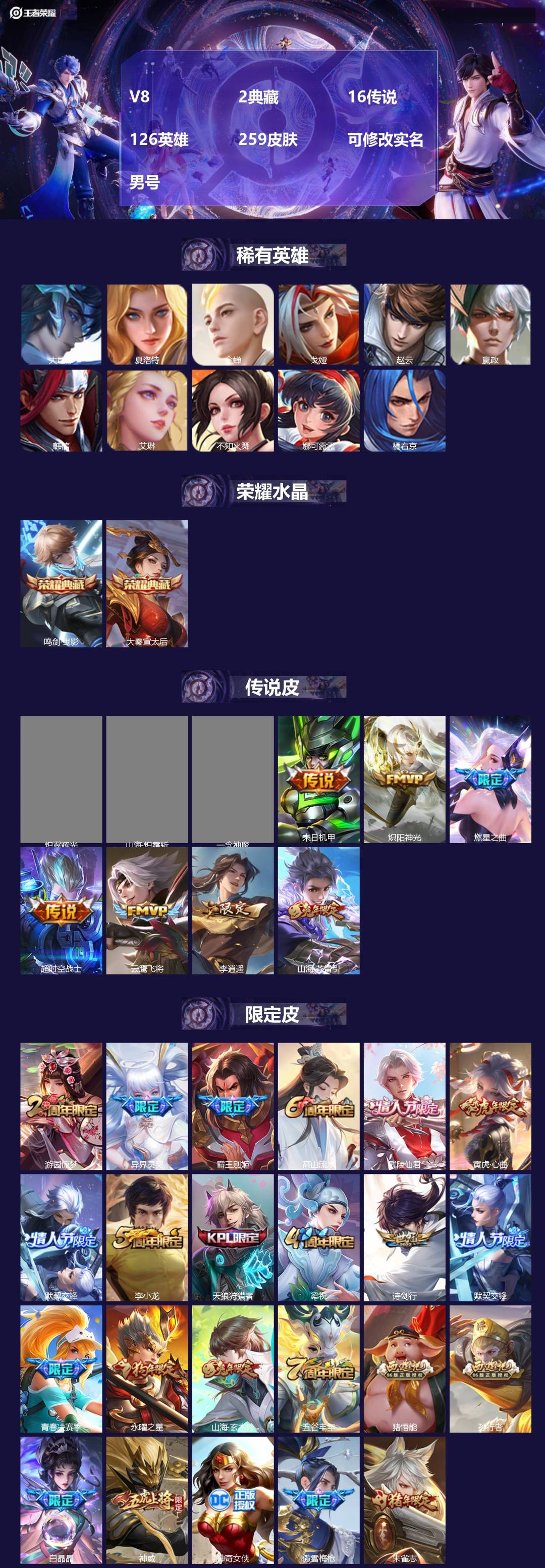 王者荣耀账号苹果QQ[17265850]V8 2典藏 16传说 126英雄 259皮肤 可修改实名 男号 
【英雄全皮】